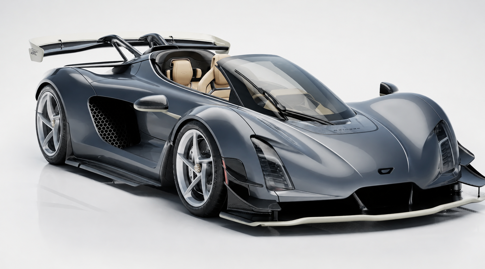 Vehicle configuration reference — slate-blue exterior and tan interior.