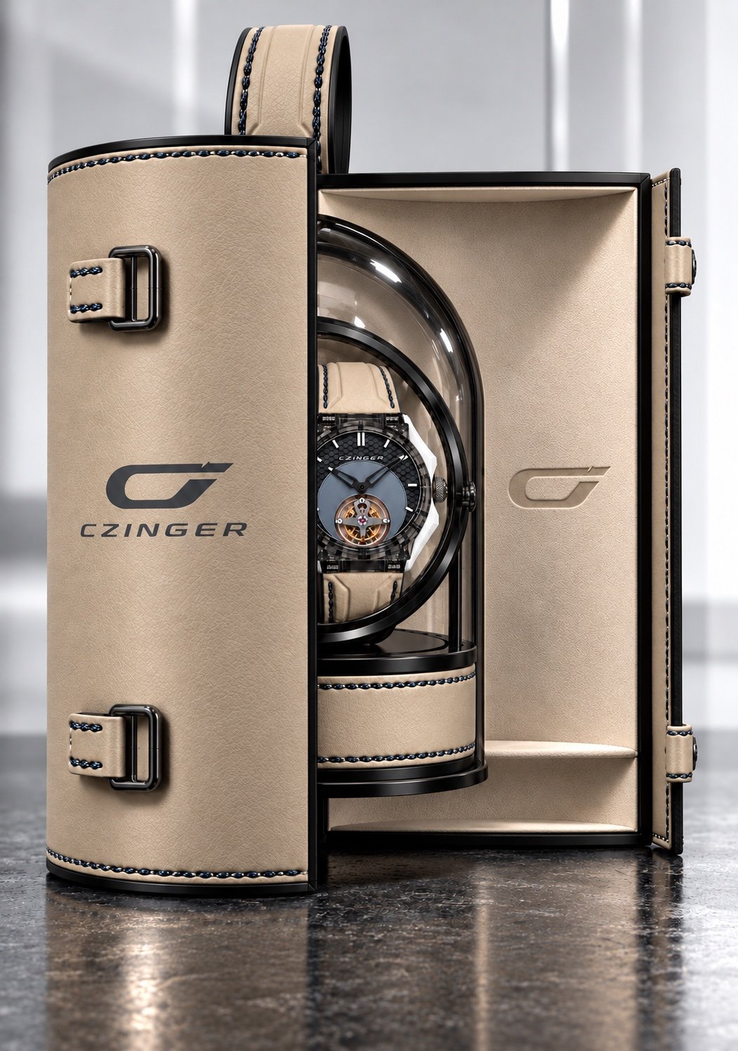 Proposed tan leather presentation case with dark stitching, revealing the timepiece and orbital display. Conceptual rendering.