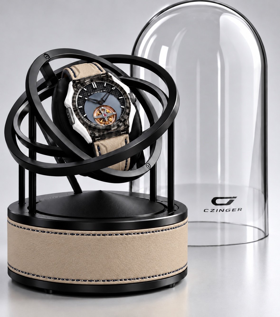 Proposed orbital display with tan leather detailing and a clear glass dome. Conceptual rendering.