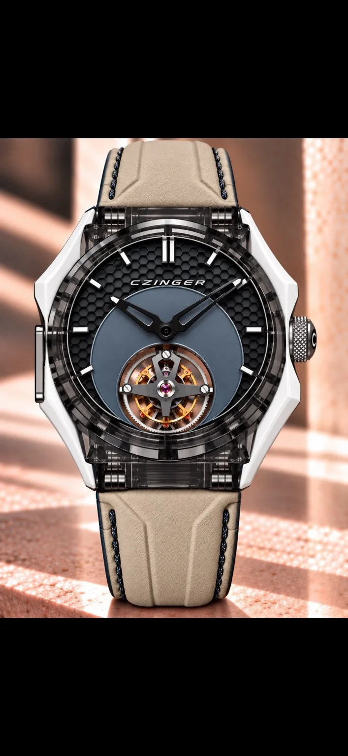 Independent timepiece concept by R.T. Adams — slate-blue dial, tan leather and dark stitching. Conceptual rendering; no official collaboration implied.