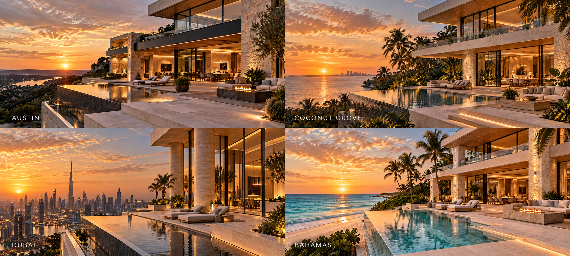 Conceptual residential architecture inspired by Austin, Coconut Grove, Dubai and the Bahamas. Original illustrative scenes, not depictions of actual developments.
