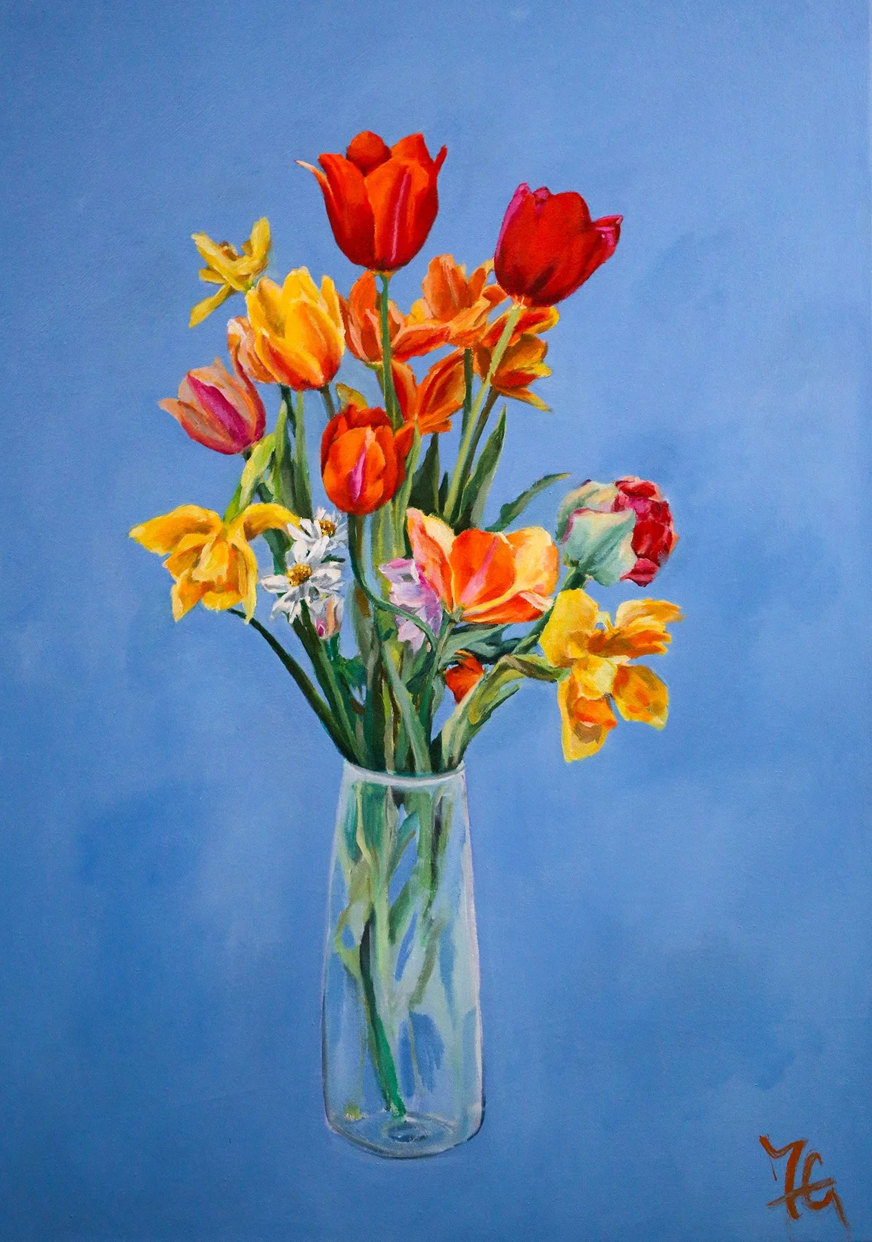 red and orange flowers in glass vase, on a periwinkle/ light blue background with signature in bottom right corner