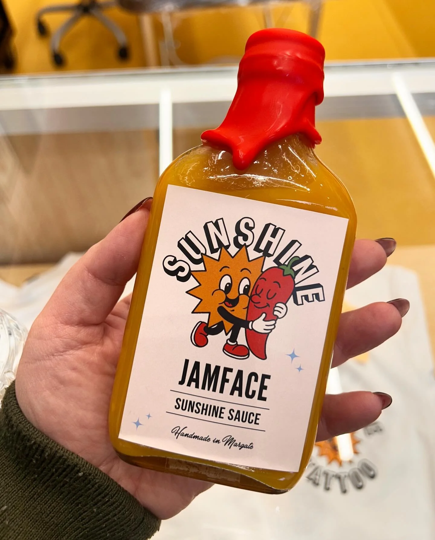 Label design for @jamfacejams x @sunshinetattoomargate hot sauce colab! The first batch of these made the cutest stocking fillers 🥰🌶️🌞

#labeldesign #margate #hotsauce