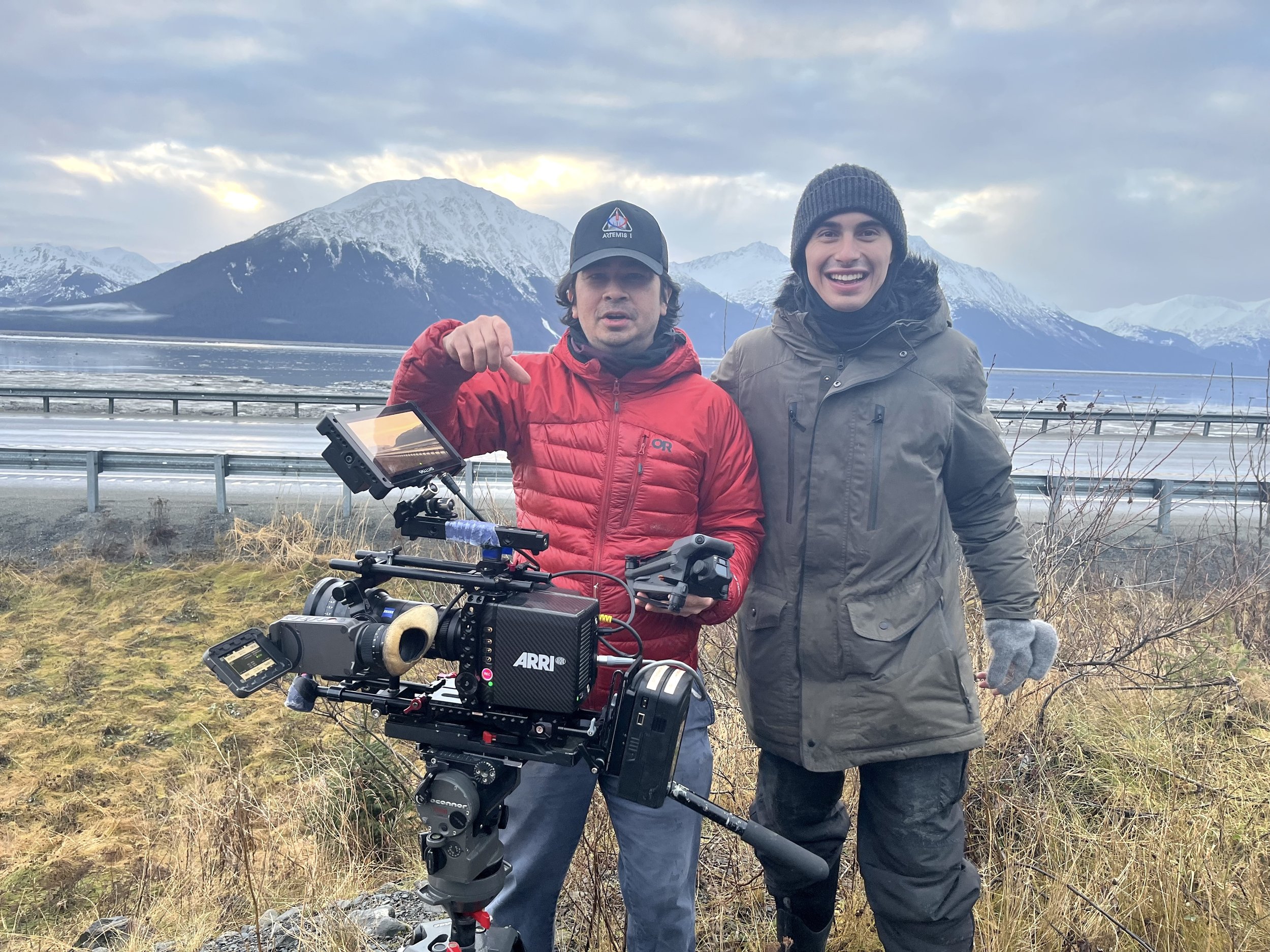 Director of Photography Chris Ho and AC Ryan Tester in Alaska on a Rivian commercial shoot.