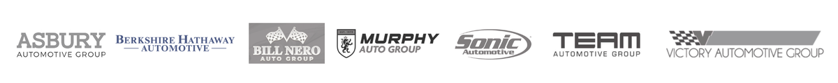 Logos of various automotive groups, including Asbury, Berkshire Hathaway Automotive, Bill Nero Auto Group, Murphy Auto Group, Sonic Automotive, Team Automotive Group, and Victory Automotive Group.