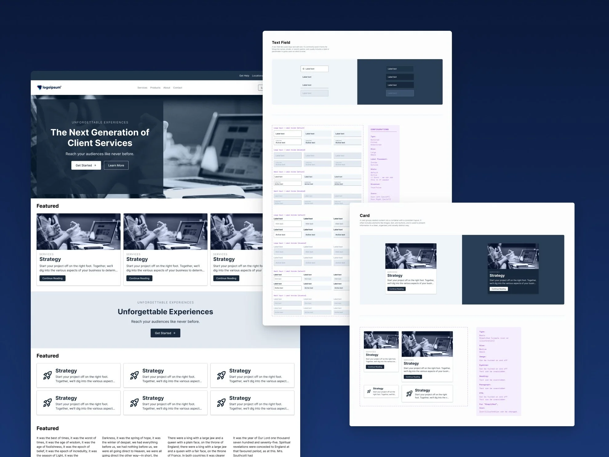Designed components in Figma with their documentation along with an example page using the components