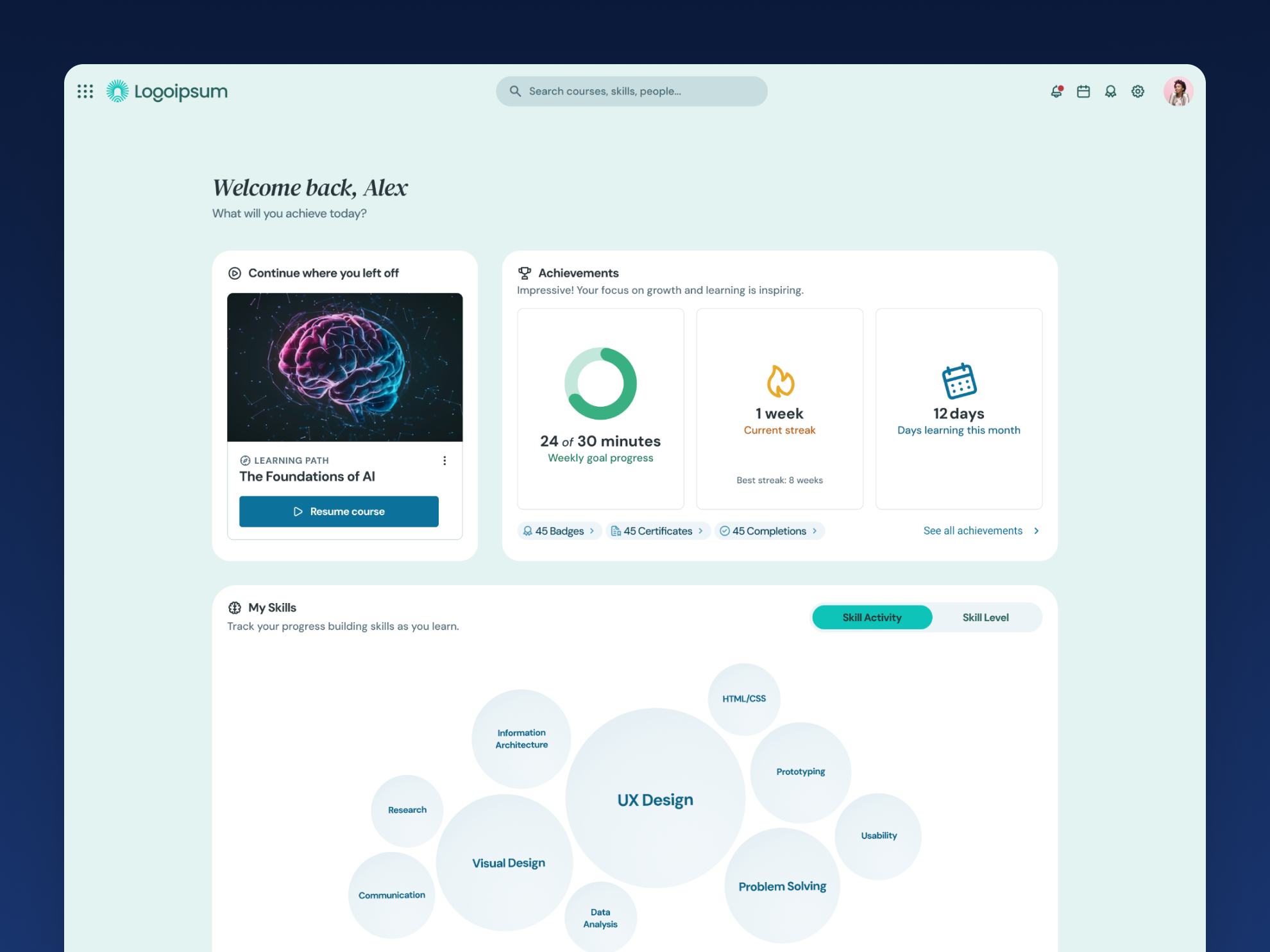 Screenshot of a learning dashboard including recently viewed learning content, learning goals, and skills developed