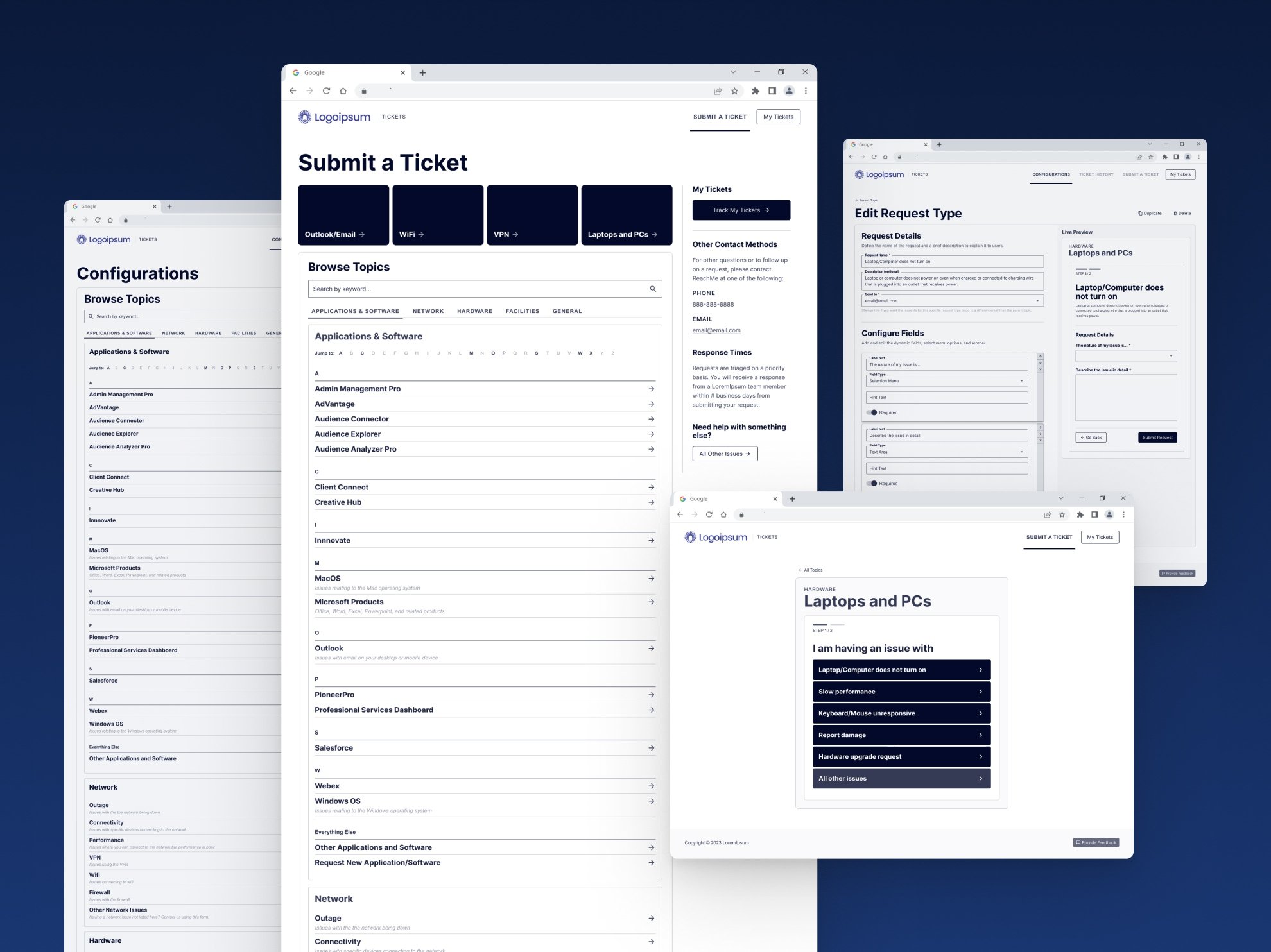 Designed screens displaying submitting and managing tickets, including categories for software and hardware issues.