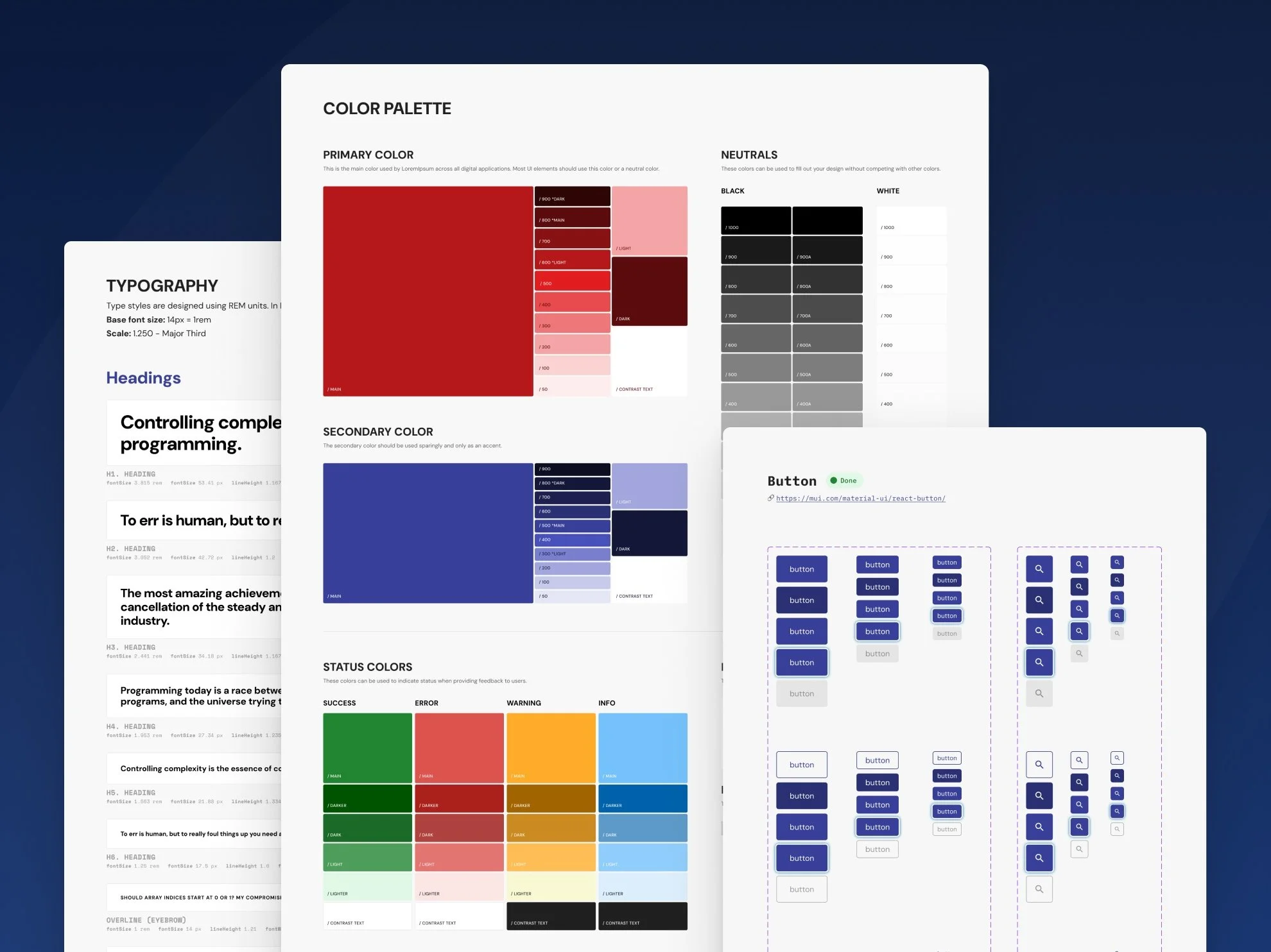 Colors, typography, and an example component from a design system
