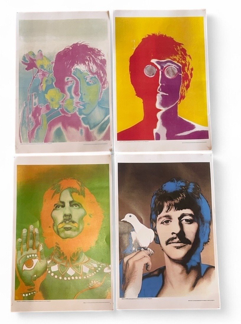 Four colorful pop art portraits of a man with different backgrounds and styles.