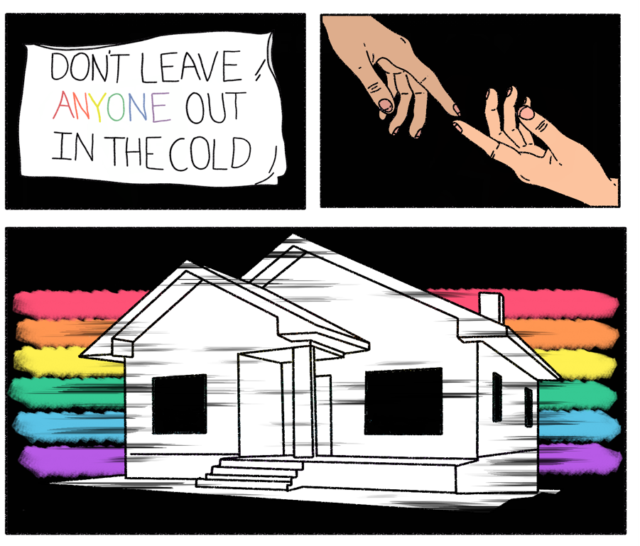 Illiustrations - protest sign saying 'Don't leave anyone out in the cold', two hands reaching towards each other, a house with a rainbow behind it