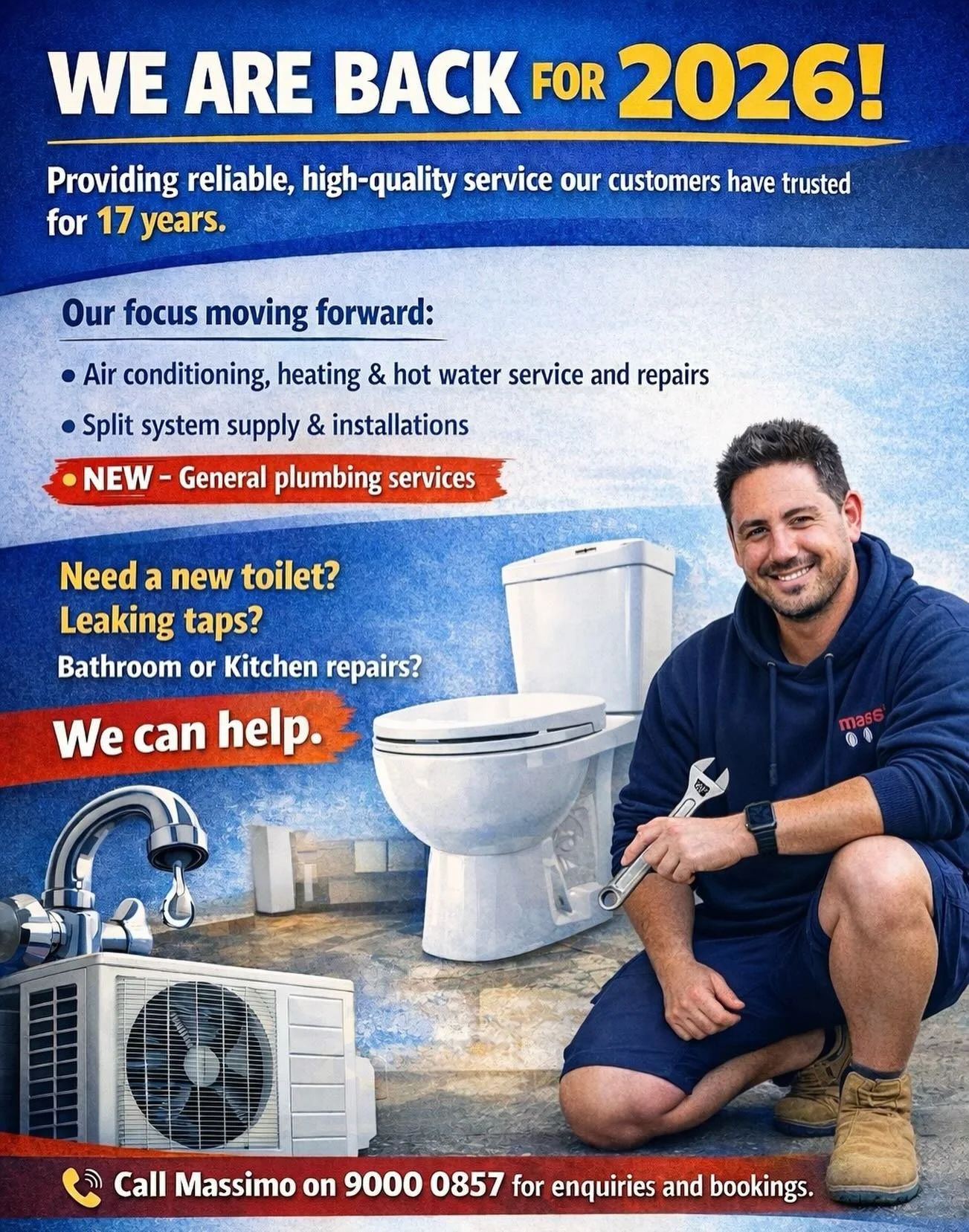 Back for 2026. Here to assist you. 

Call Massimo on 9000 0857. 

Now also providing plumbing services.

#repair #service #cooling #plumbing