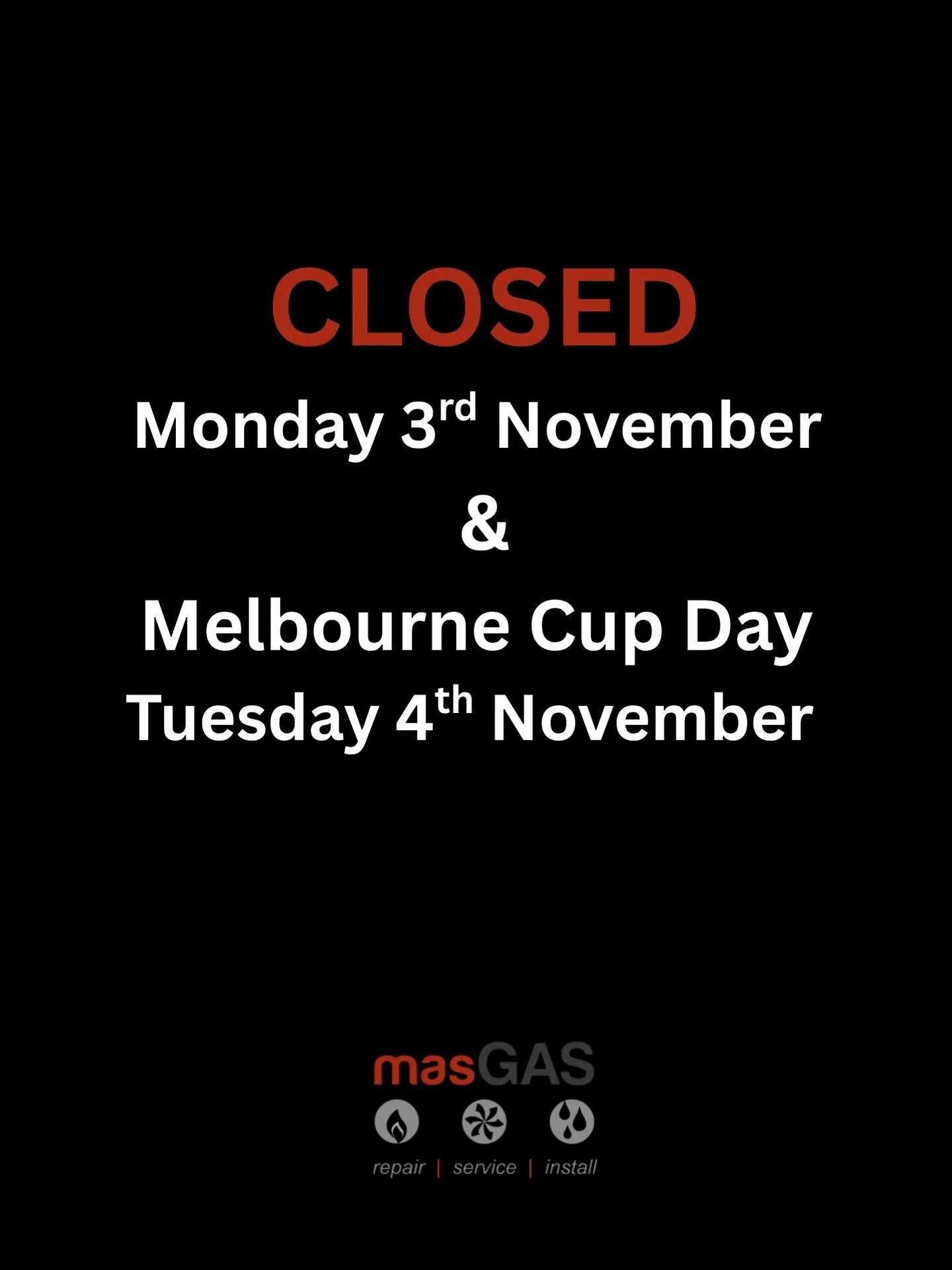 We&rsquo;re taking the long weekend off. 

Closed Monday 3rd &amp; Tuesday 4th November. 

Back on Wednesday 5th November 

#melbournecuplongweekend