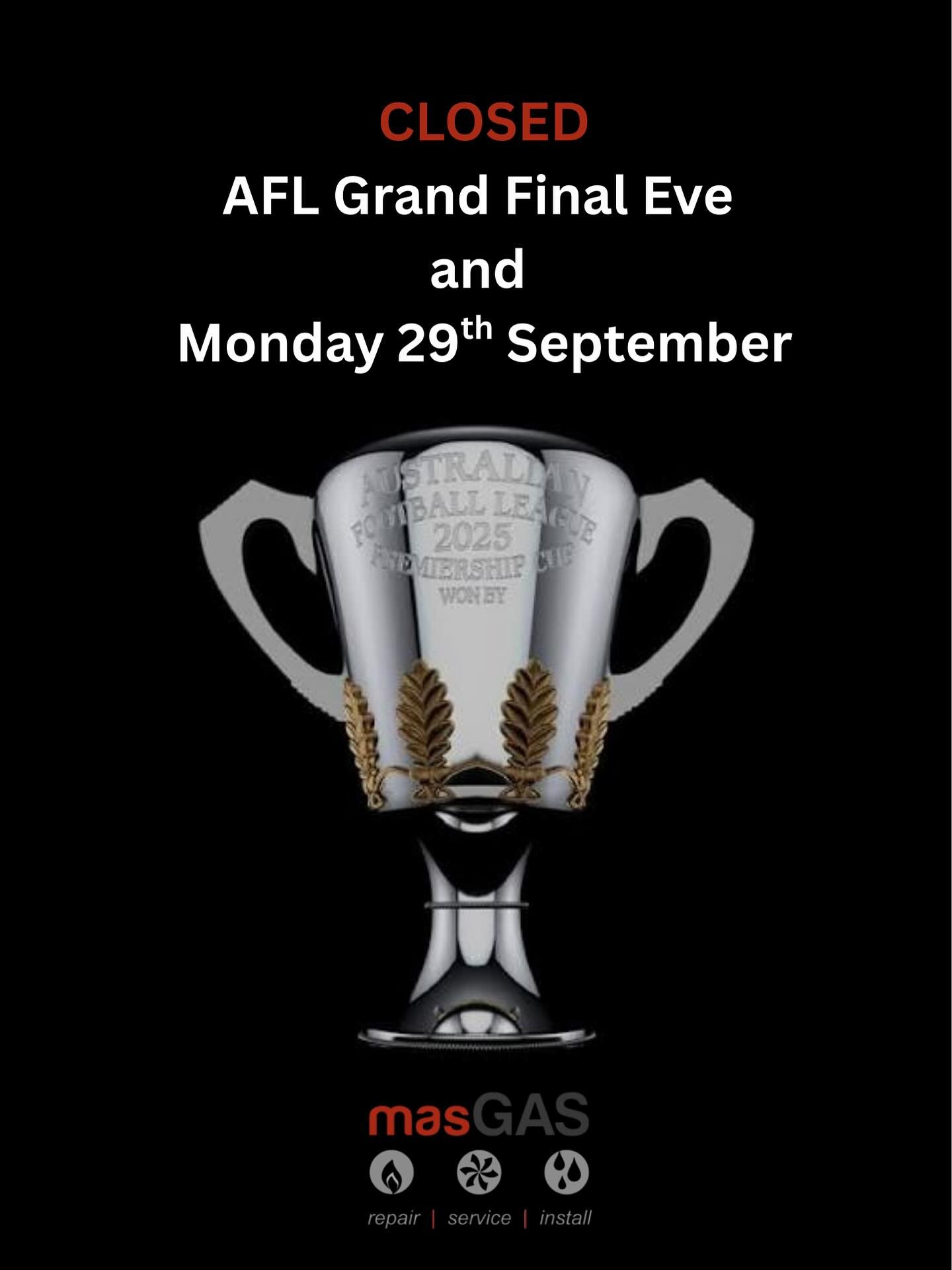 We&rsquo;re taking a few days off. 
Closed Friday 26th September - Monday 29th September. 
Back on Tuesday 30th September. #aflgrandfinal #longweekend