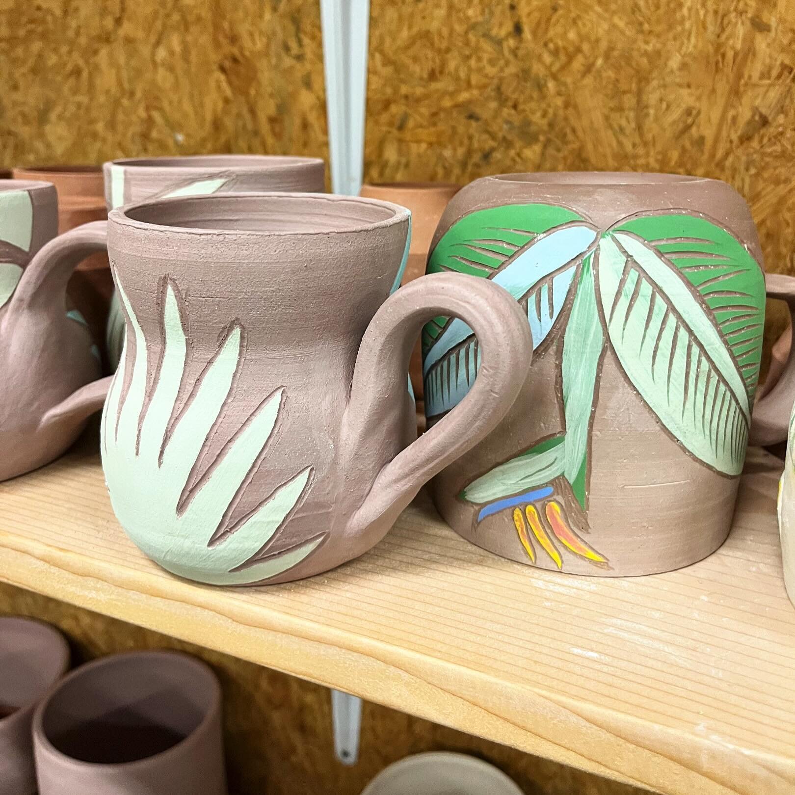 Getting ready for a bisque firing tonight. Soon I&rsquo;ll restock a few things at @_thegoodshop_ , including a palm and monstera mug design I haven&rsquo;t made in a while! 

Some of these may be available at our upcoming open studio night or they m