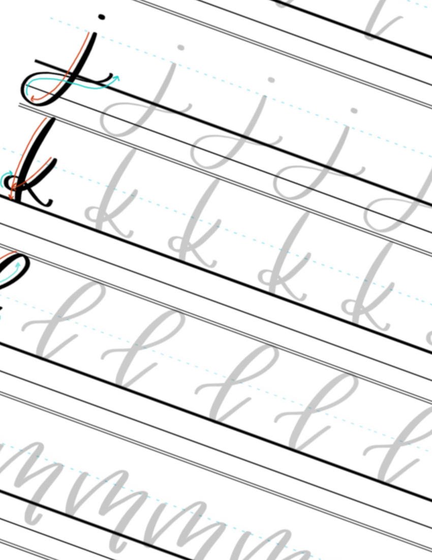 J-K-L-M Lowercase Calligraphy Letters Practice Sheet