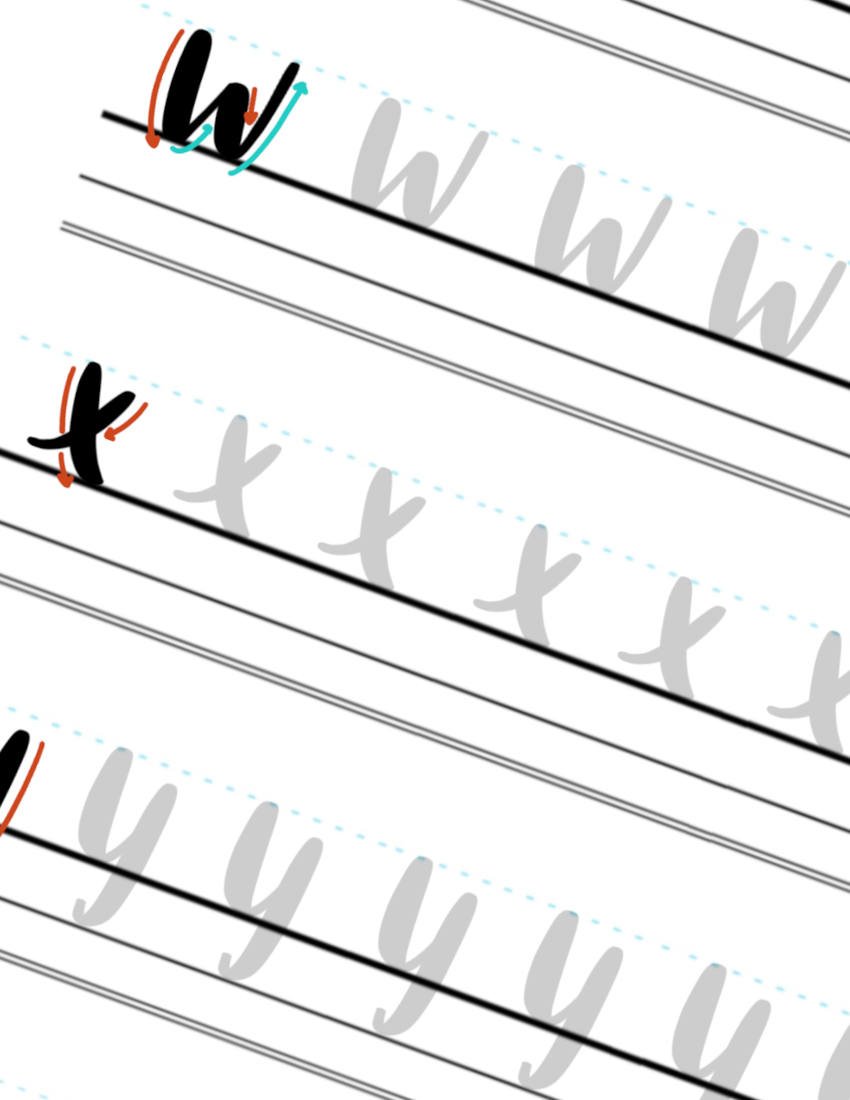 Drop-Kick Calligraphy Practice Letters W-X-Y
