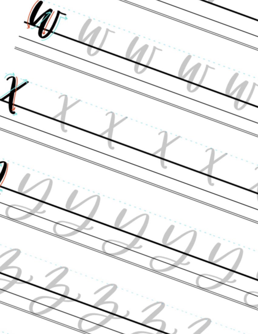 W-X-Y-Z Lowercase Calligraphy Practice Sheet