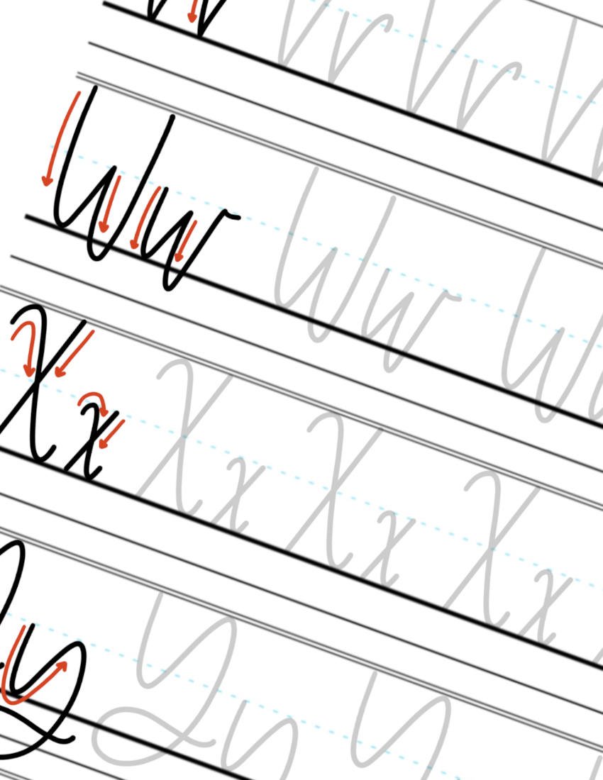 V-W-X-Y Monoline Calligraphy Sheet