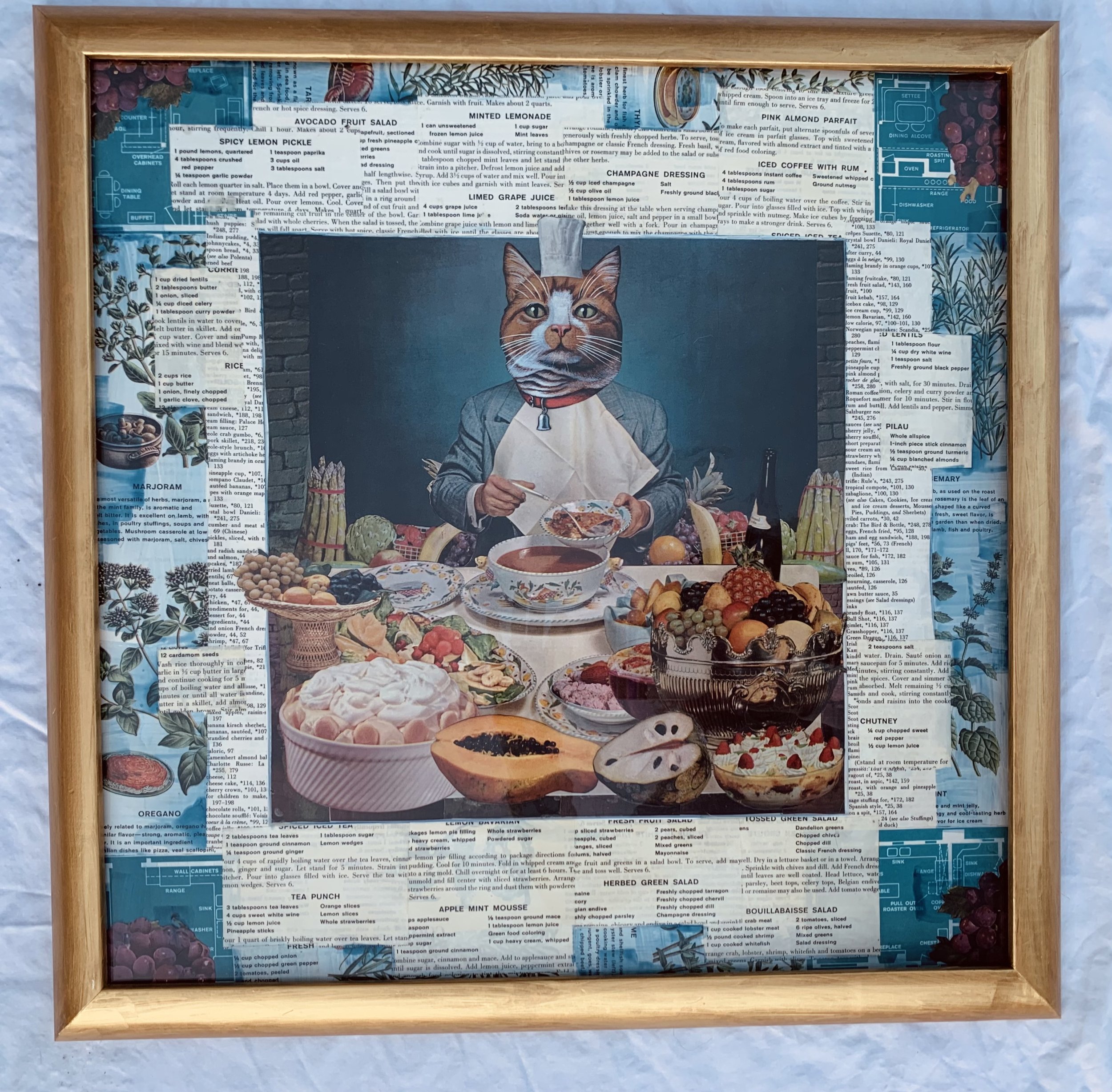 "Vegetarian Pussy"
20"x20", vintage collage, acrylic detail, gold frame included
$750