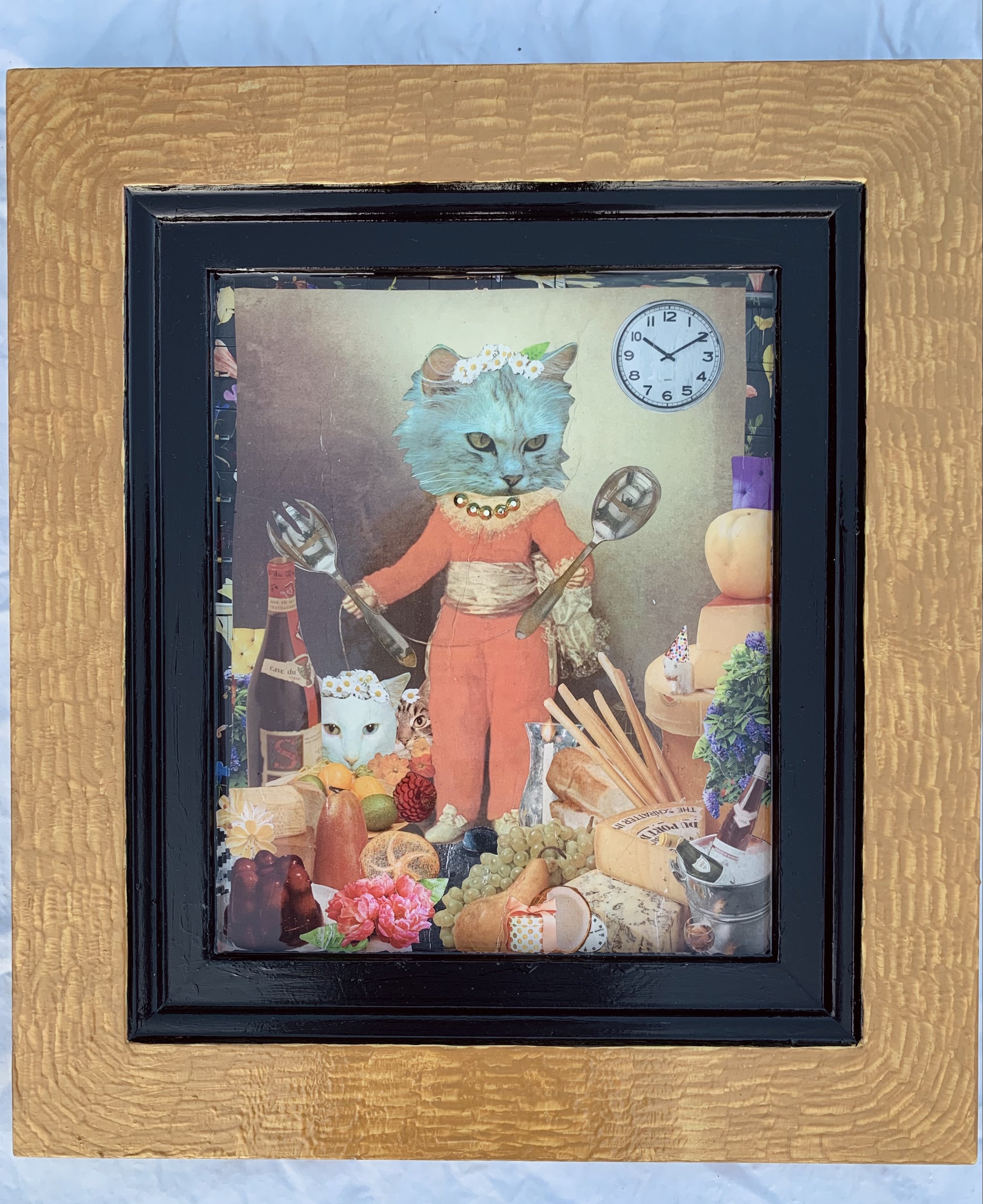 "Pot-lucky"
15"x17", wood plank, vintage collage, pearls, resin.
$350