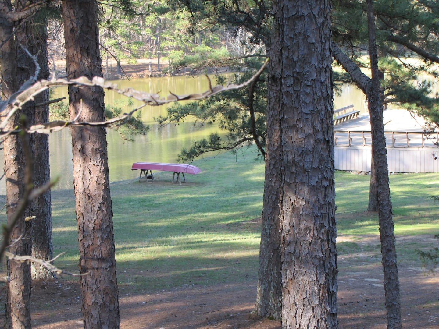 View from front deck- the pond and boat behind the main lodge..jpeg