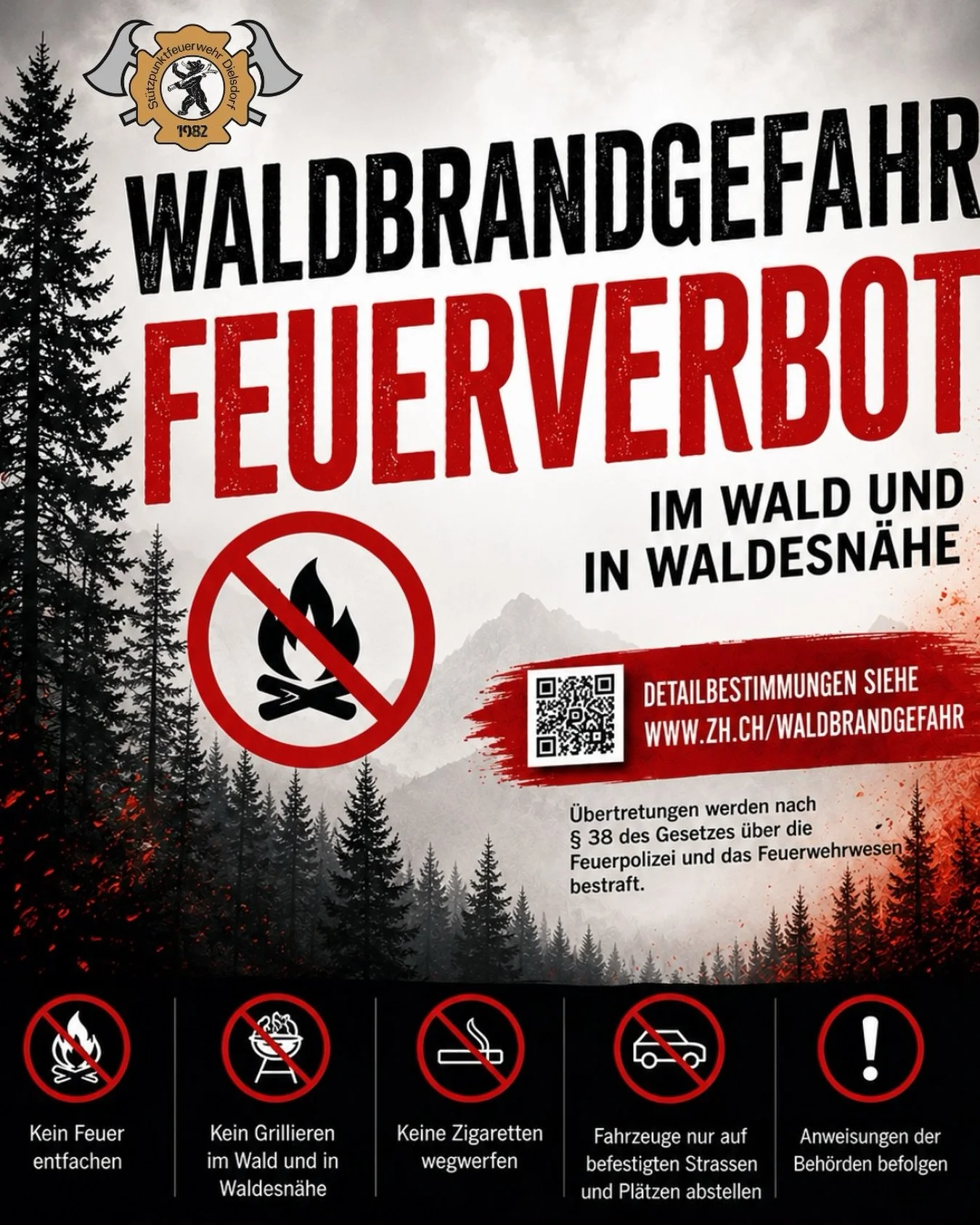 🔥 Waldbrandgefahr &ndash; Feuerverbot beachten! 🌲

Die anhaltende Trockenheit erh&ouml;ht das Risiko von Waldbr&auml;nden erheblich. Deshalb gilt aktuell ein Feuerverbot im Wald und in Waldesn&auml;he.

🙏 Mit Ihrem verantwortungsvollen Verhalten s