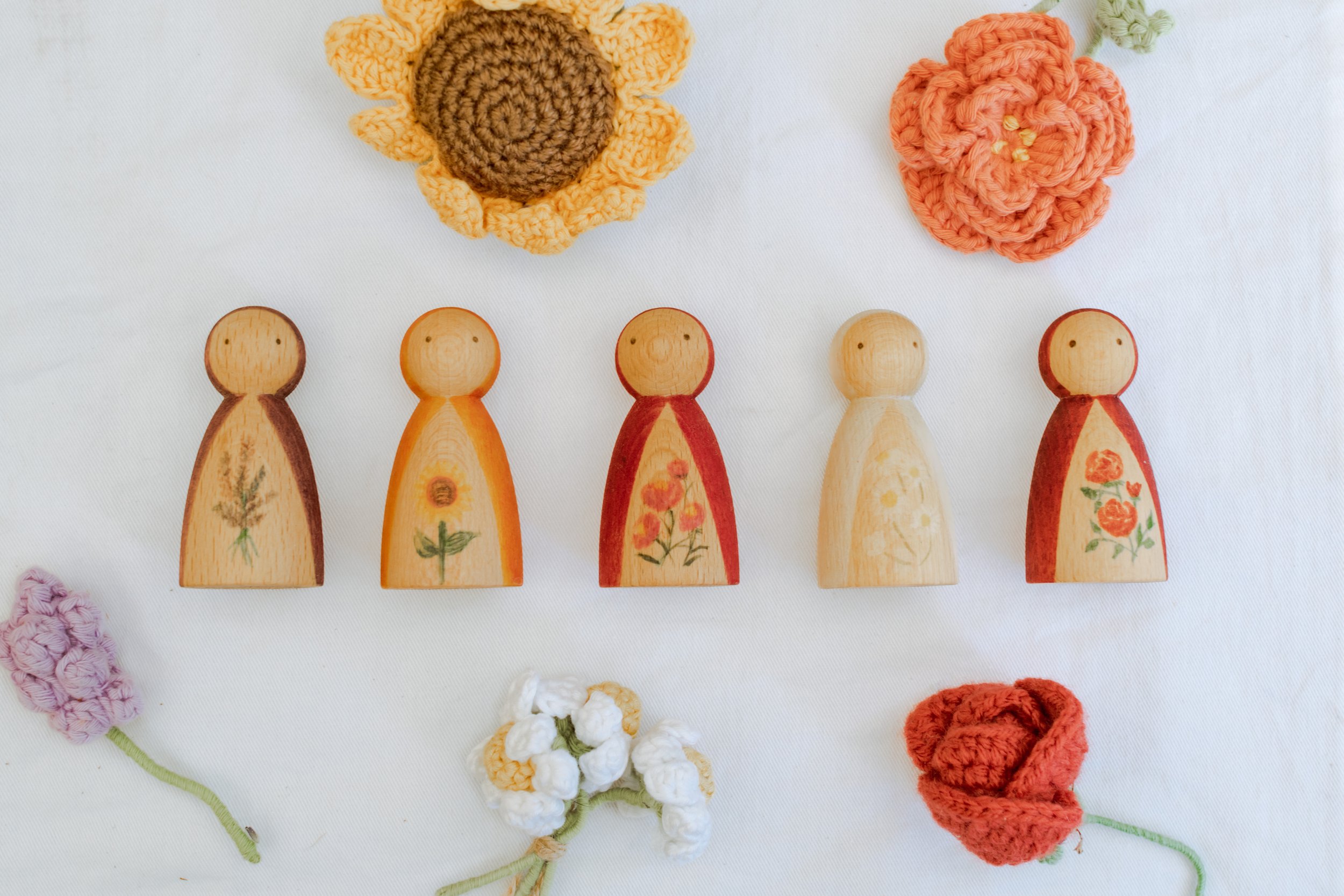 Wooden Peg doll & Crochet flower gift set