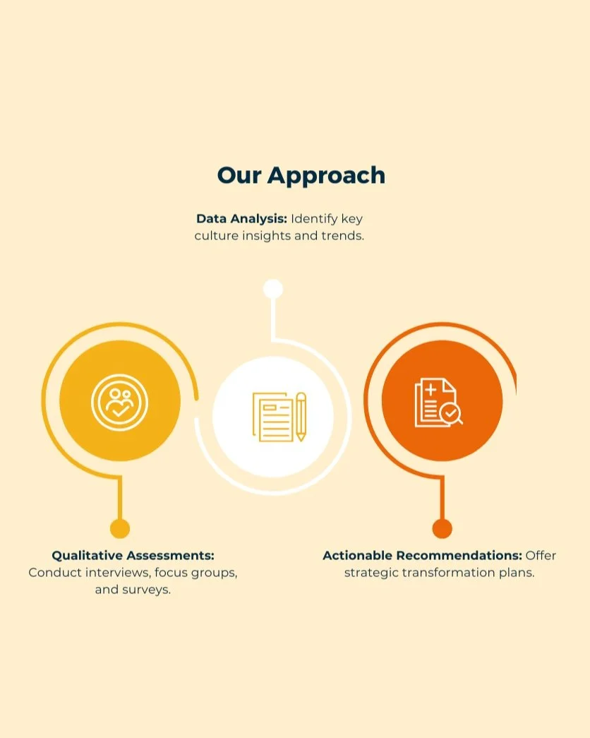 Diagram titled 'Our Approach' illustrating three steps: Data Analysis, Qualitative Assessments, and Actionable Recommendations with related icons and descriptions.