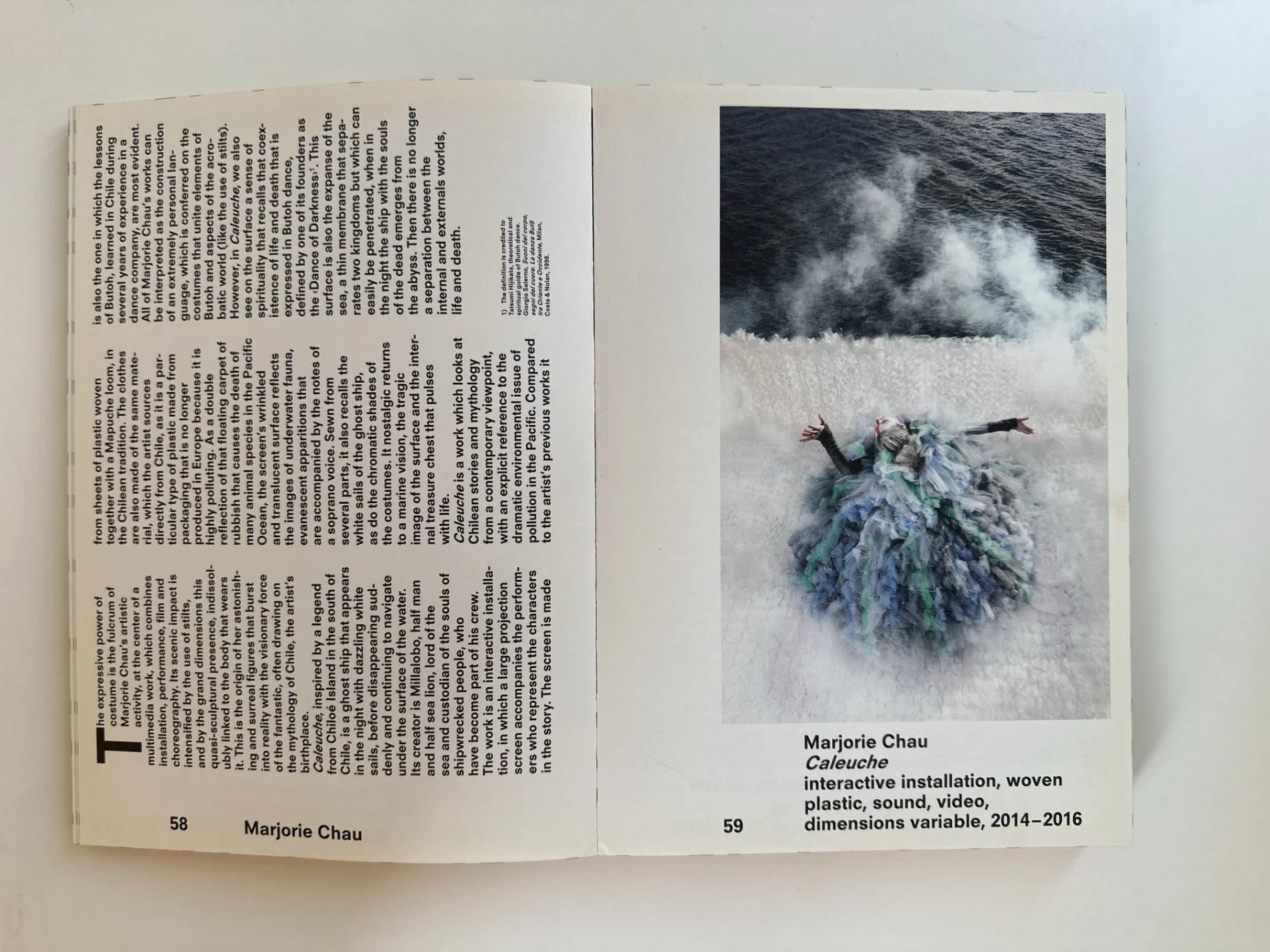 Inside Lottozero 2016 spread featuring Caleuche, Marjorie Chau’s immersive performance on marine plastic pollution.