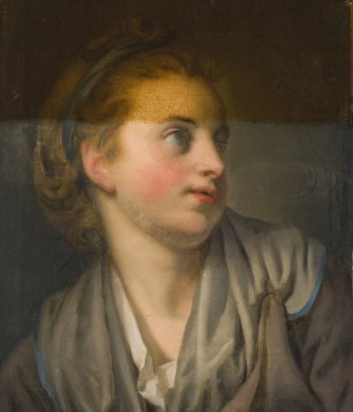 A painting of a young girl with curly hair, wearing a headband and a gray jacket, looking to the side with a thoughtful expression.
