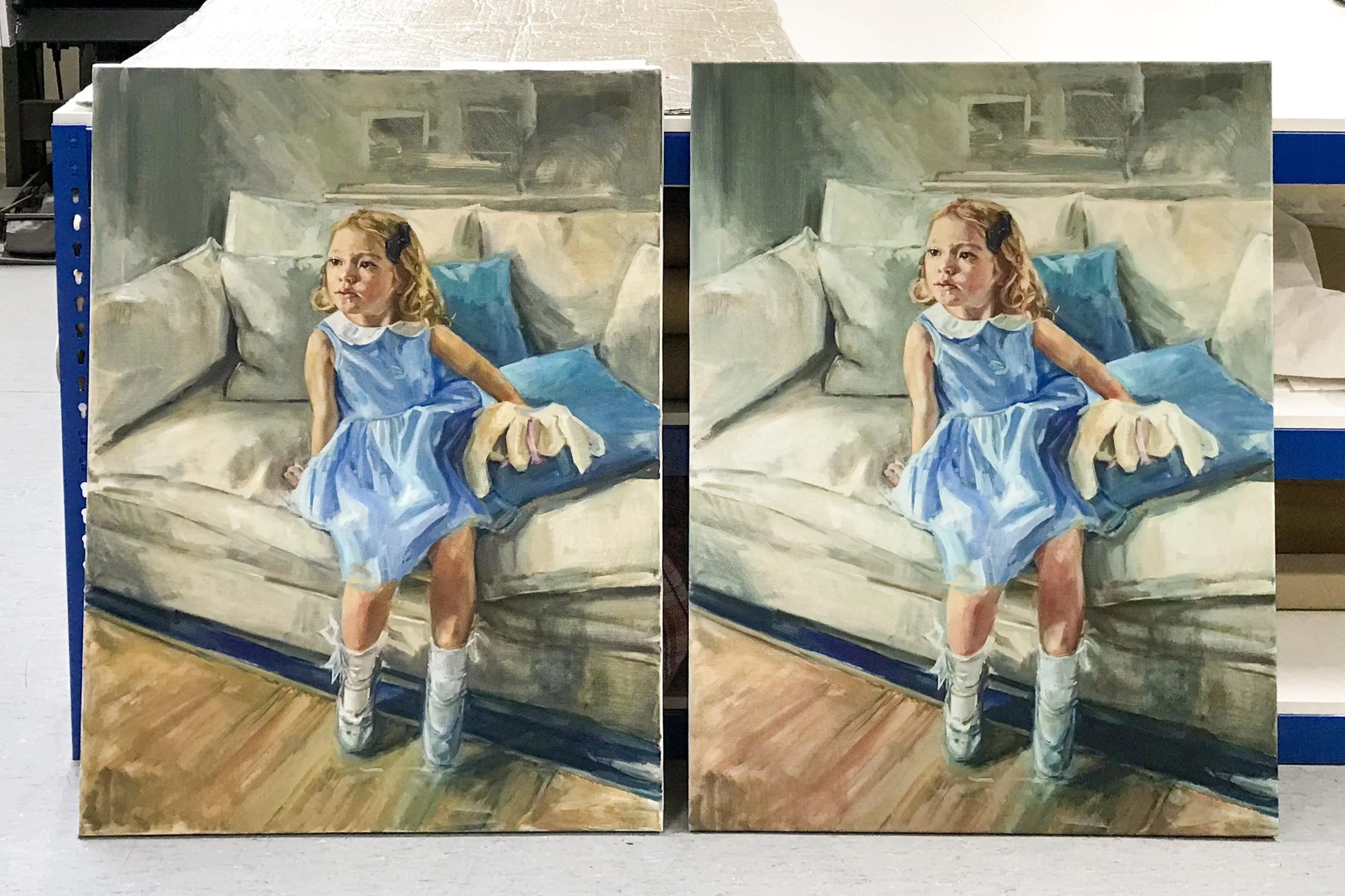 Two paintings of a girl sitting on a sofa, one on the left with a more muted color palette, and one on the right with brighter colors.