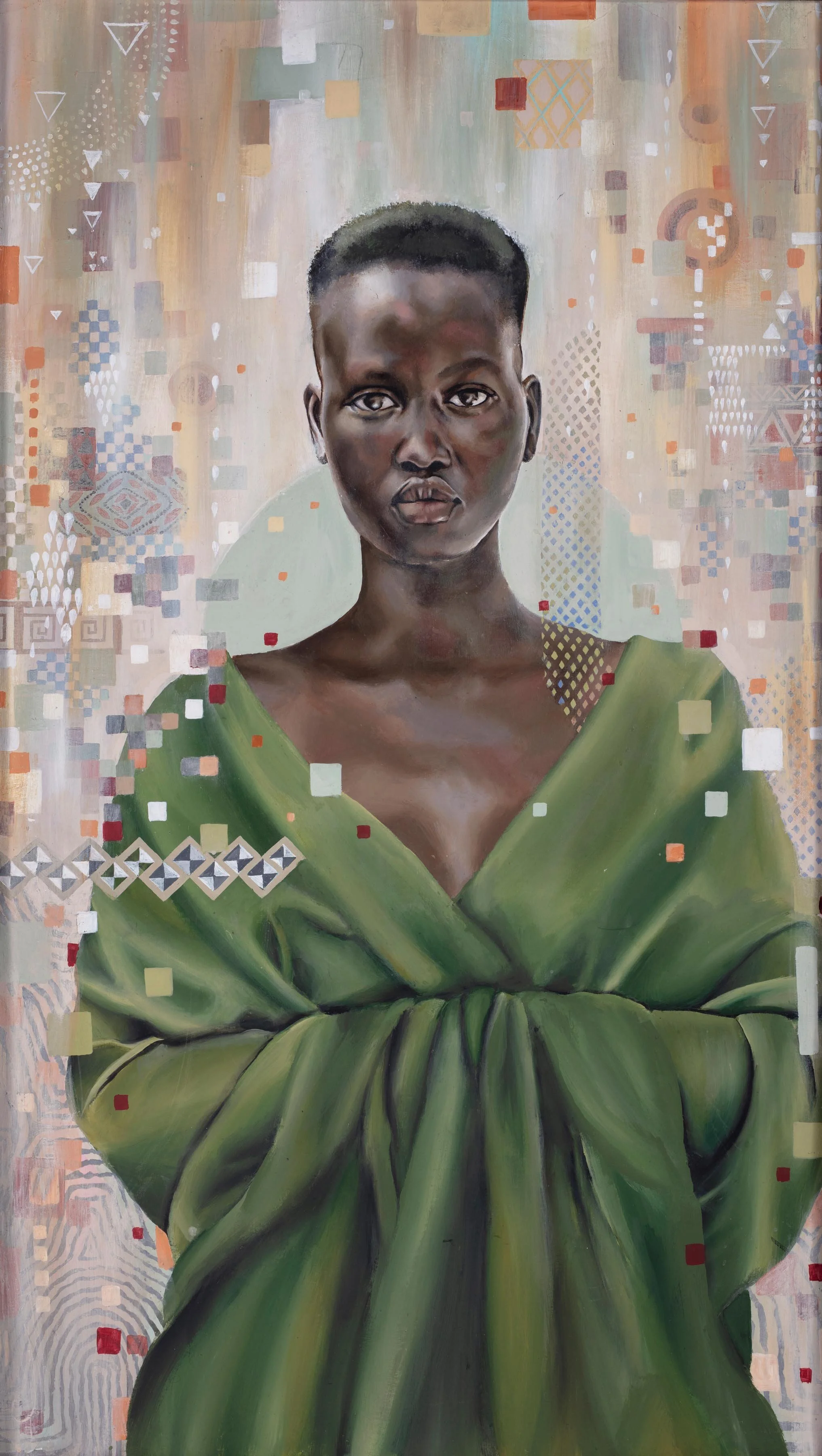 A realistic portrait painting of a woman with dark skin, short hair, and a serious expression. She is wearing a vibrant green garment draped over her shoulders. The background features an abstract pattern of geometric shapes and pastel colors.