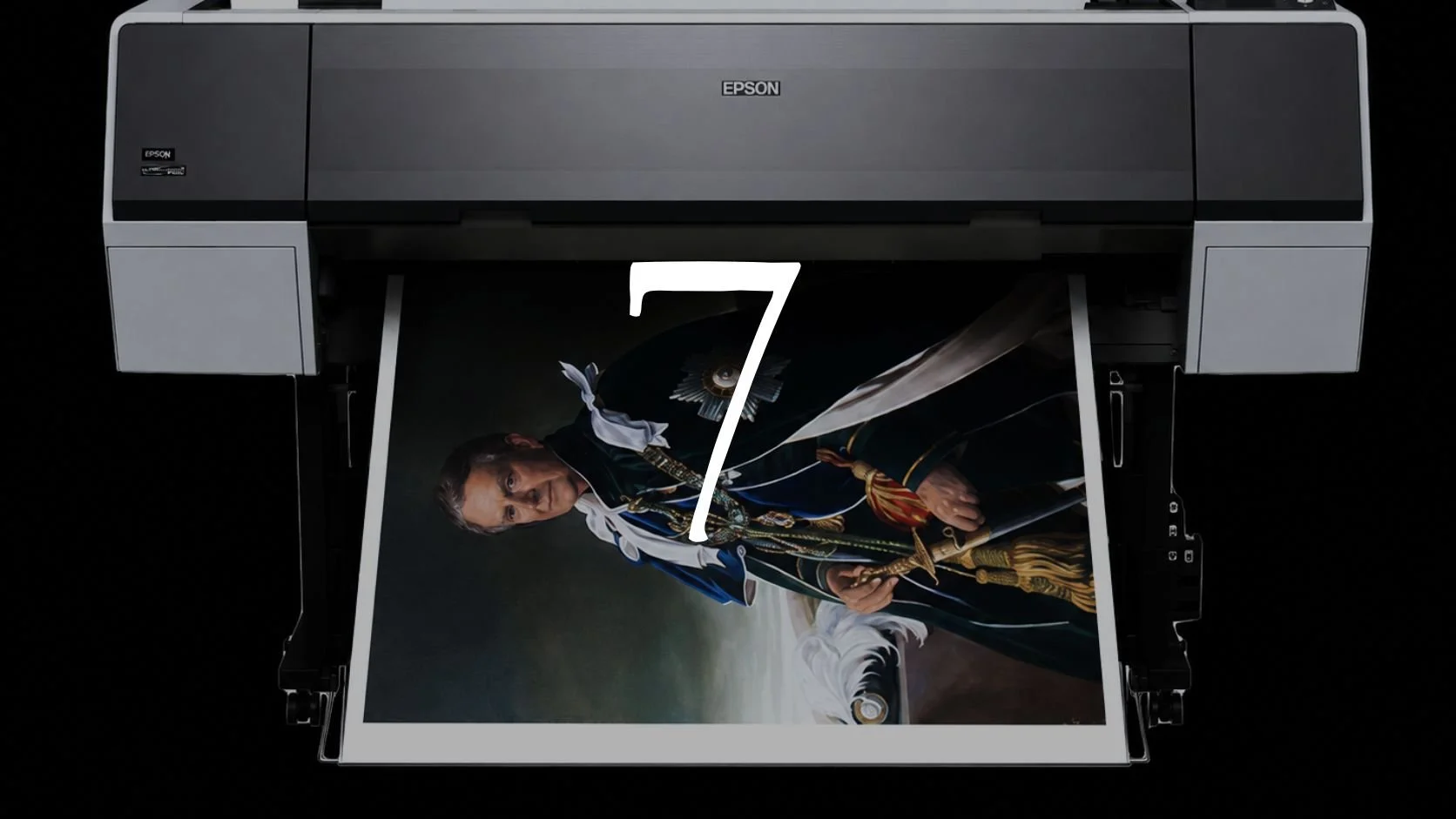 A printer printing a portrait of a man in royal attire on a horse.