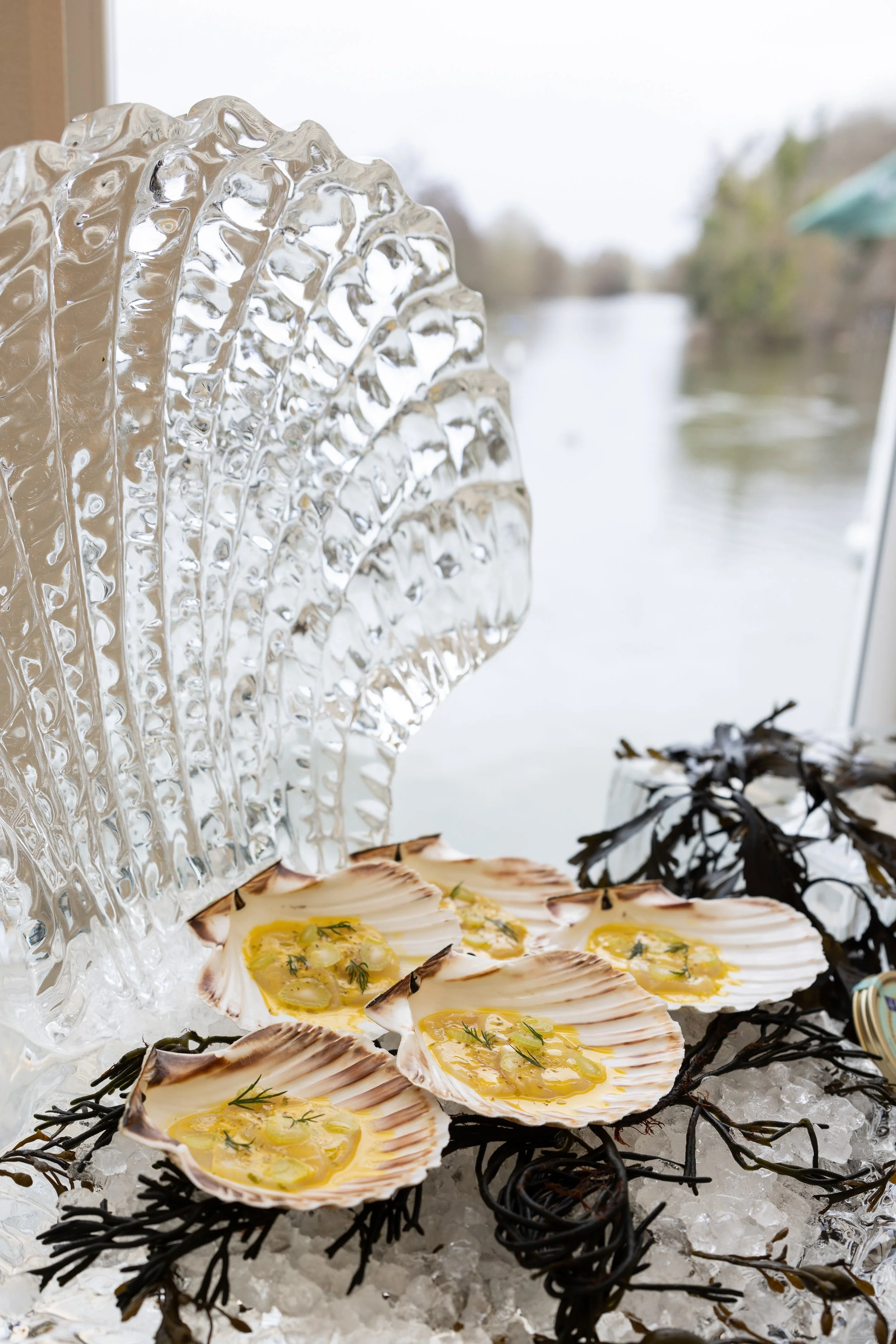 Scallops on shells garnished with lemon slices and herbs, displayed on ice with decorative branches.
