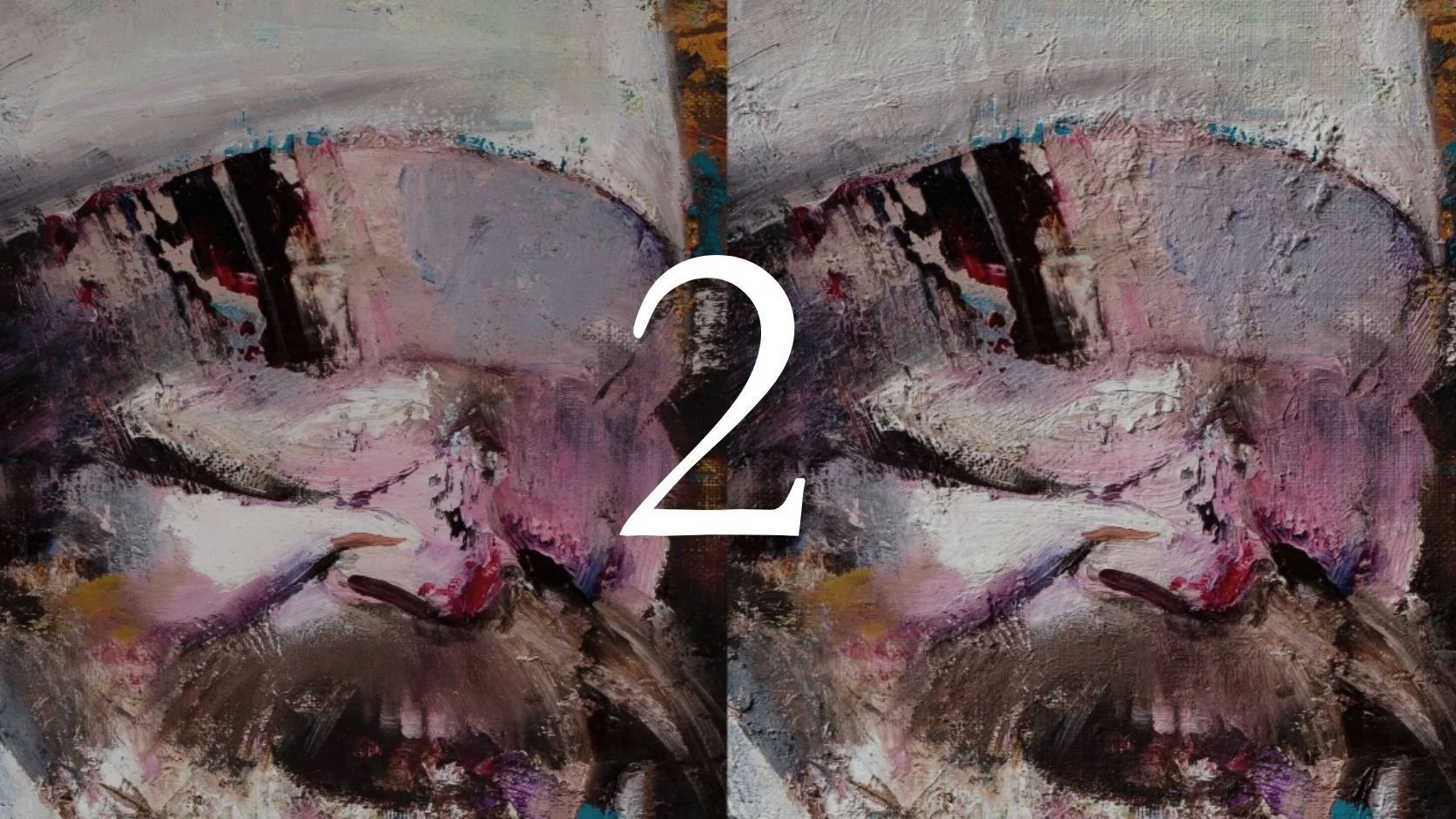A mirrored abstract painting of a man's face with glasses, featuring bold brushstrokes and a mix of pink, purple, white, and brown colors, with a large white number two overlayed in the center.