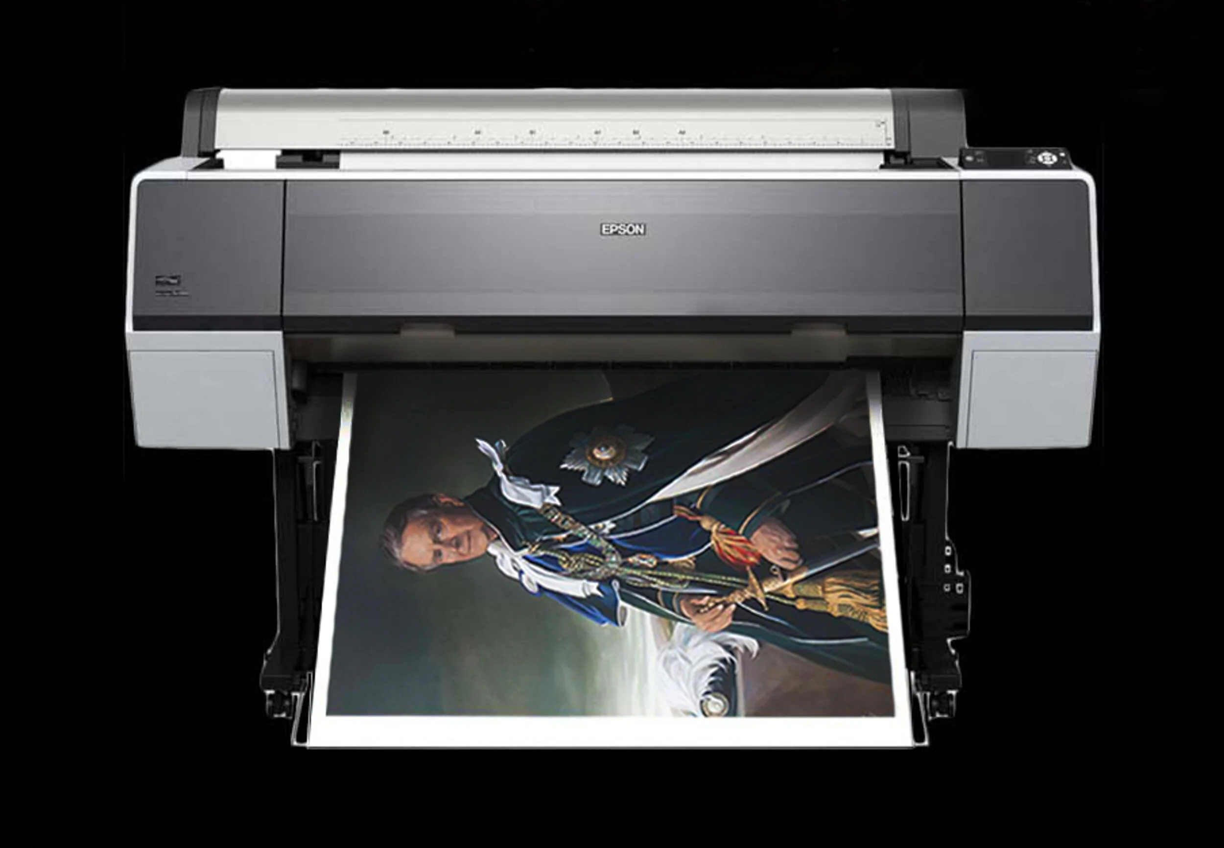 An Epson printer printing a portrait of a man in a military uniform with medals and a cape.