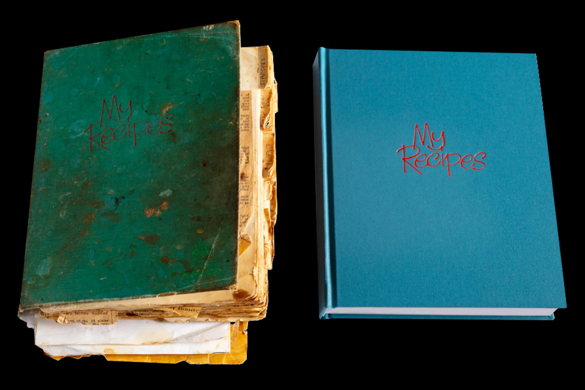 Comparison of two cookbooks titled 'My Recipes'; on the left, an old, worn, green book with yellowed pages and dirty cover; on the right, a new, clean, blue book with a sleek cover.