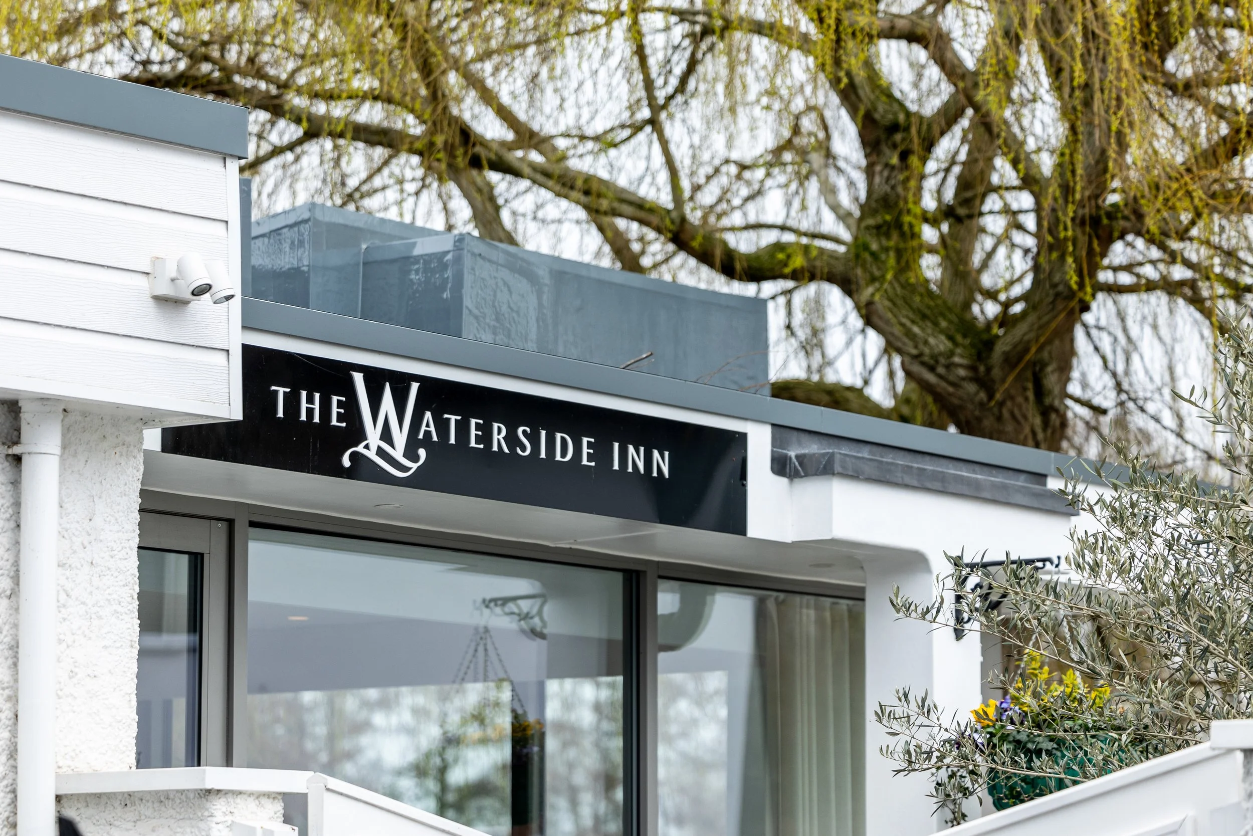 Sign of The Waterside Inn restaurant with large windows, white walls, and a potted plant outside, trees in the background.