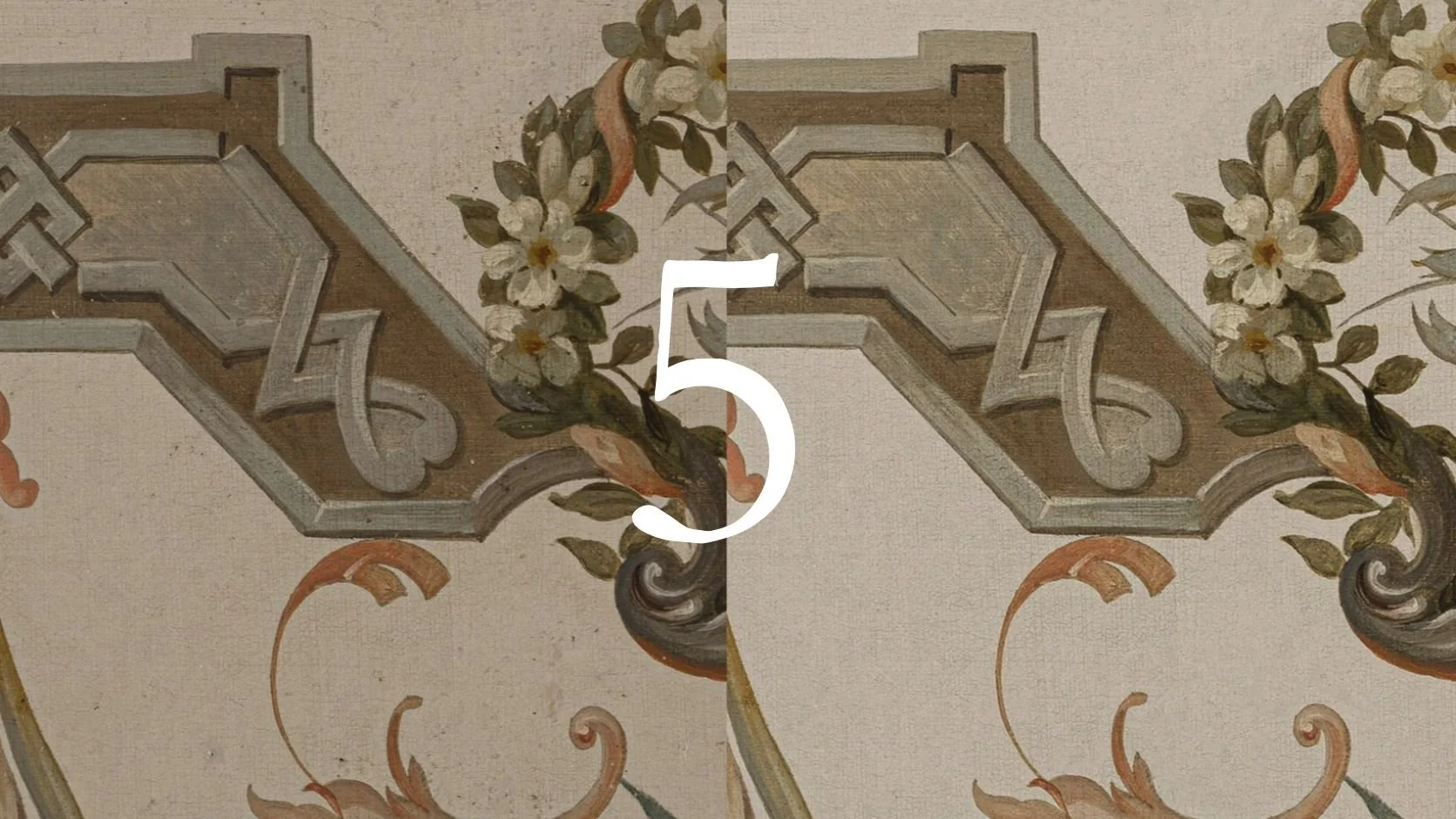 Close-up of decorative floral and geometric pattern on a painted ceiling or wall, with a large white number 5 overlay.