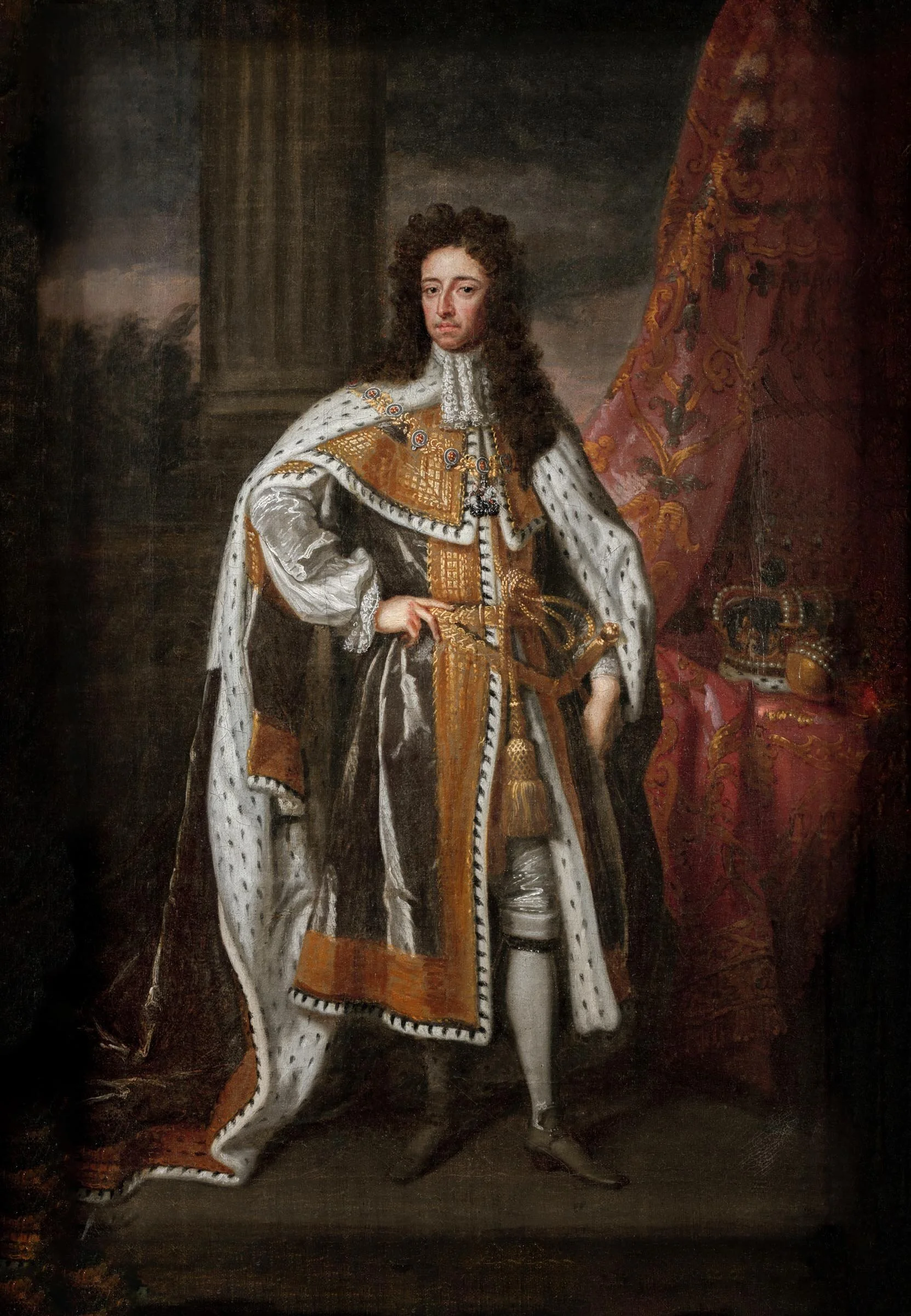 Portrait of a royal man dressed in regal medieval clothing, standing with one hand on his waist, surrounded by luxurious royal symbols and drapery.