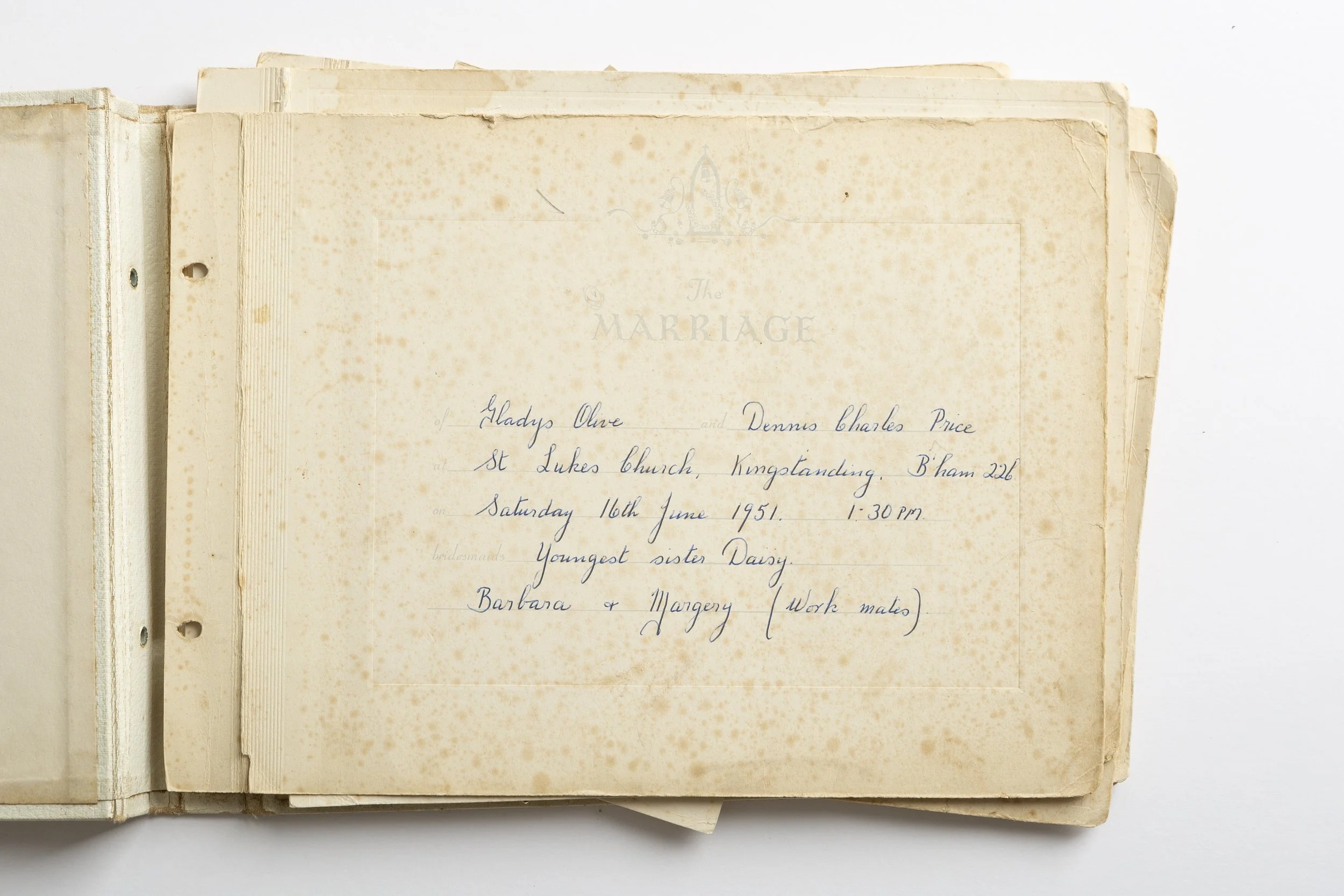 A vintage wedding program listing details for Gladys Olive and Dennis Charles Price, including the date, time, location, and the names of the bridesmaids.