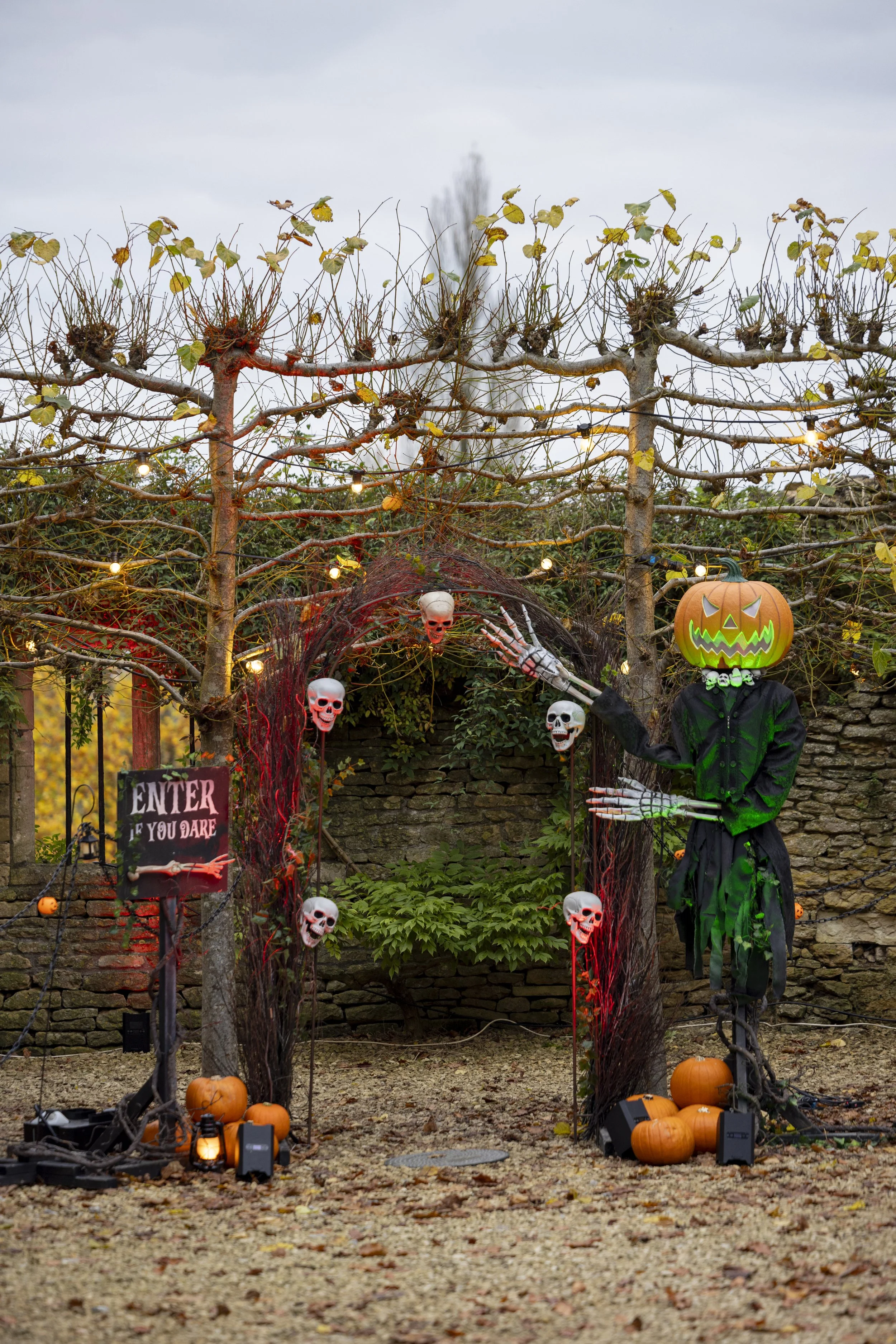 A Halloween-themed outdoor display featuring a scarecrow with a pumpkin head, skeleton hands, and a black coat, surrounded by skull decorations and pumpkins. The scene is set under leafless trees with string lights, and an 
