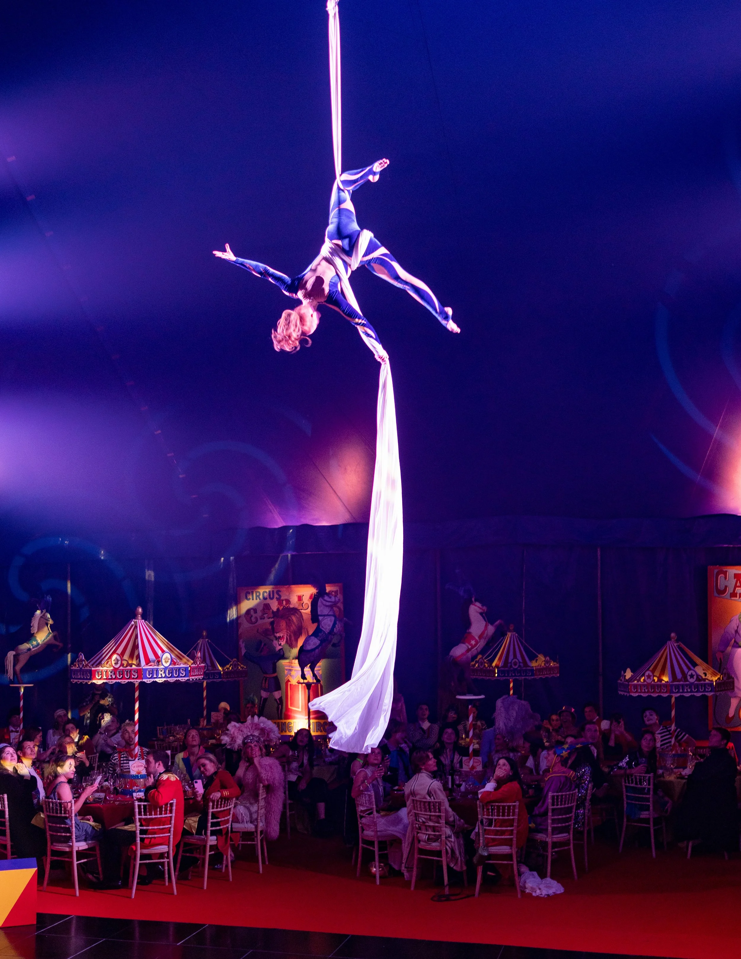 Aerial silk performer in a circus, hanging upside down from a white silk fabric, performing above an audience seated at tables with circus-themed decorations.