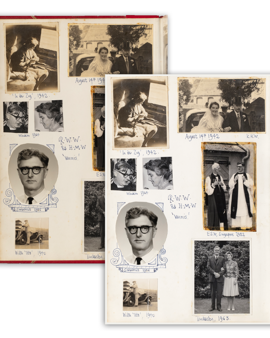 Collage of vintage black-and-white photographs from the 1940s-1960s, including portraits, outdoor scenes, and candid moments, with handwritten notes and dates.
