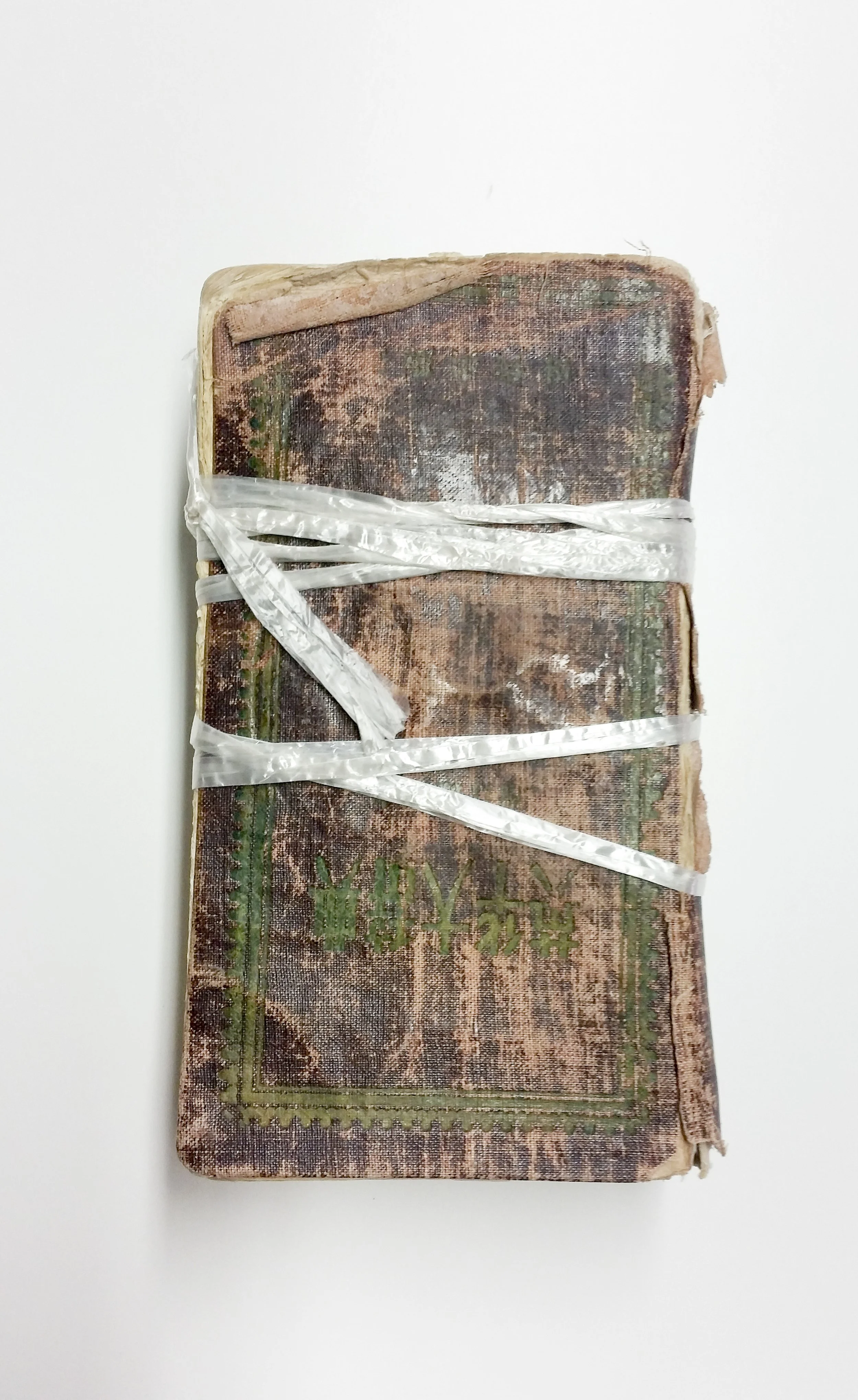 An old, worn book wrapped with clear plastic straps, with faded cover and stained pages.