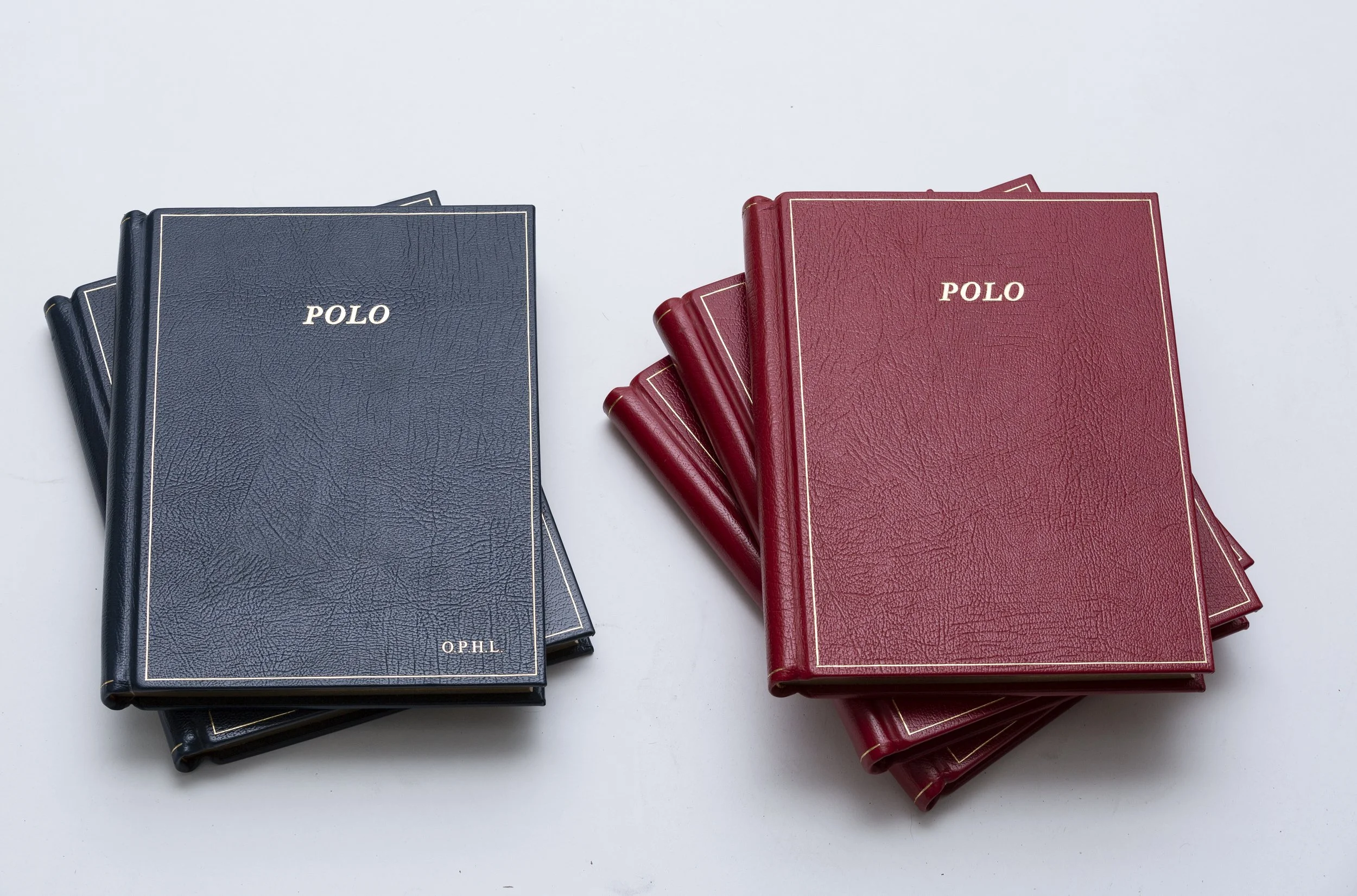 Stacks of blue and red books titled 'POLO' on a white surface.