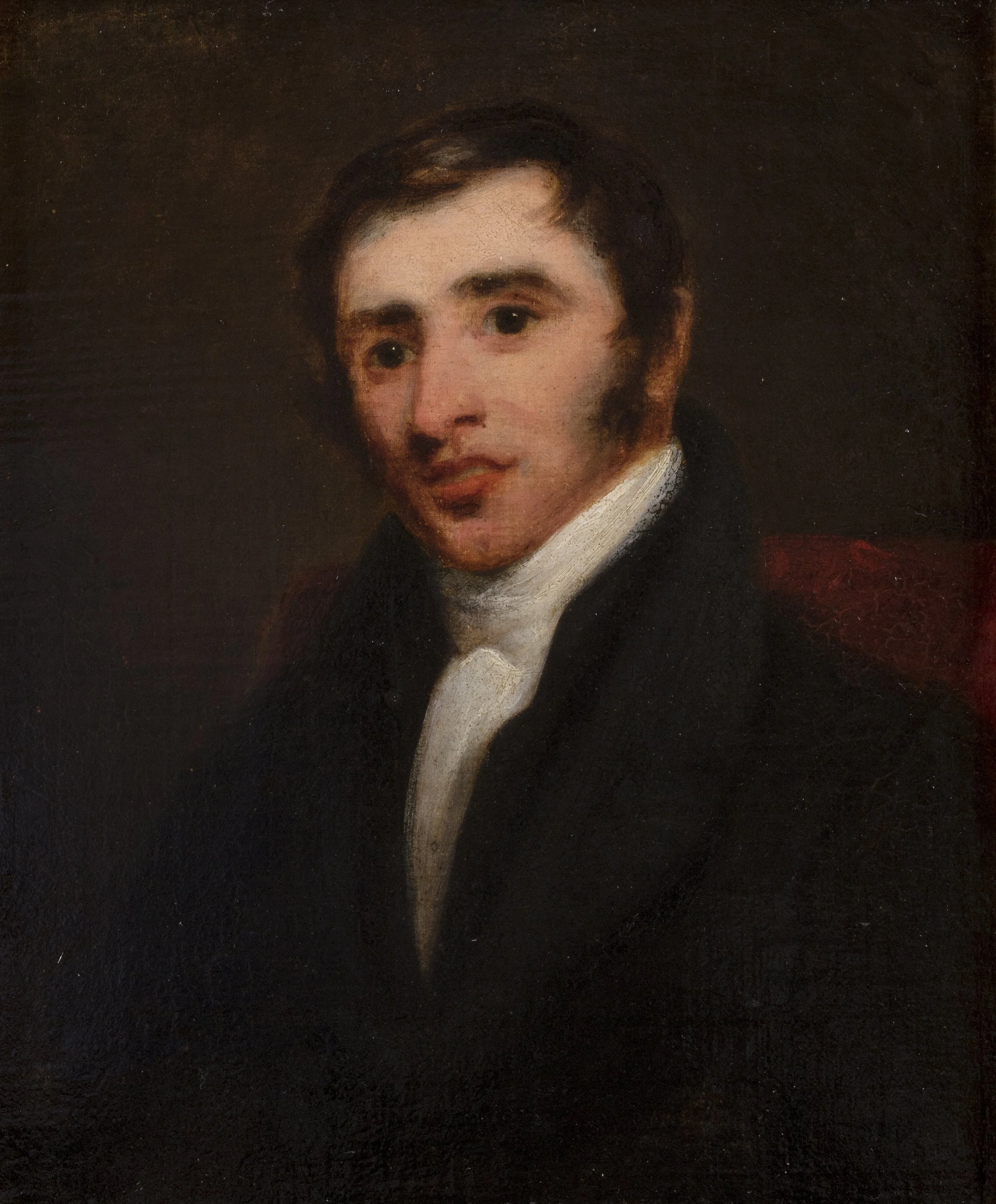 A portrait painting of a man with brown hair wearing a dark coat and white shirt against a dark background.