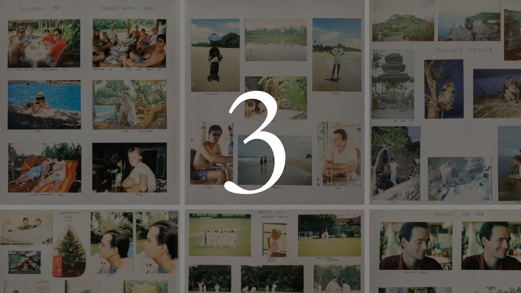 A collage of numerous photographs taken in December 1987 at Oberoi Hotel in Bali and other locations, including beaches, a monkey temple, and a cricket match, with handwritten labels.