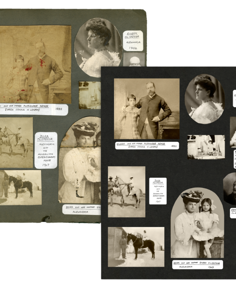 A collage of vintage black-and-white photographs depicting family members, including men, women, children, and horses, with handwritten labels and dates, featuring early 20th-century attire and settings.
